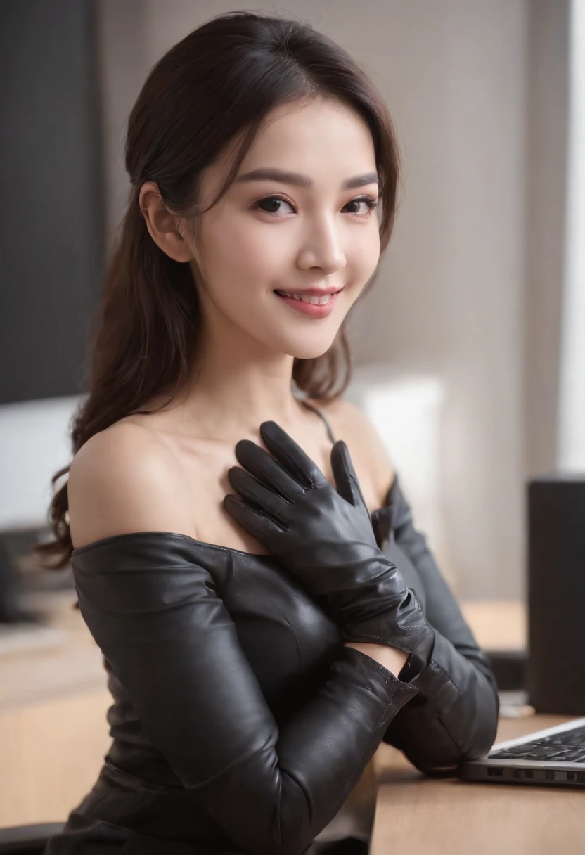 Wearing black leather gloves on both hands, Upper body, Black business suit, Facing the desk in my room with a computer in the dark, Smiling and looking at the screen, Operating the computer with the fingertips of black leather gloves, Black hair was tied back for a long time, Japan female new employee who is still young and very cute (Black leather gloves cover both hands) Gentle smile looking at the camera