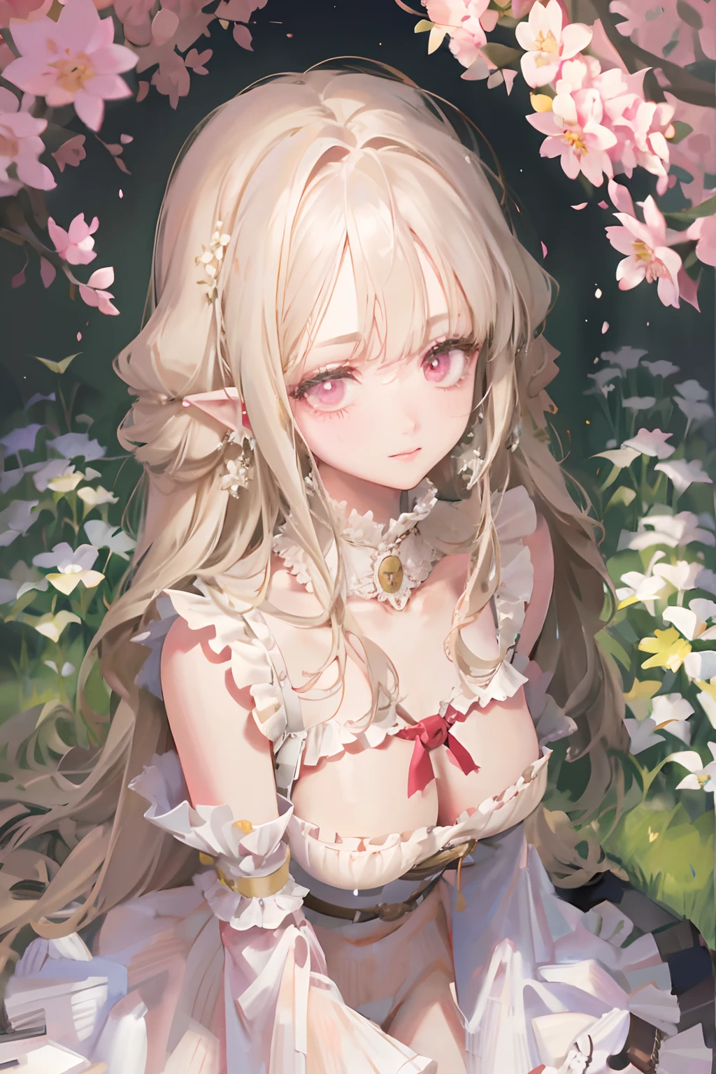 Original Character, Volumetric Lighting, Best Shadows, Shallow Depth of Field, Close Up Of Stunningly Beautiful Girl, Petite, Wide Hips, Thick Thighs, Slight Chubby, Small body, Delicate Beautiful Attractive Face With Alluring Red Eyes, Sharp Eyebrows, Half Open Eyes, Elf ears, Cute Smile, Lovely Big Breasts, Layered Long Blond Hair With Ribbon Tied To A Part Of Hair On The Side, Blunt Bangs, Long Straight Hair, Pale Skin, Ear Piercings, Blush Eyeshadow, Blonde Thick Eyelashes, Long eyelashes, Slim Waist, Lace ta Princess Dress, see through dress, (Garden Background:1.1) , Sitting Down, Sitting on grass, Half-Body, Posing, (Highest Quality, Amazing Details:1.25), (Solo:1.3), Brilliant Colorful Paintings, Looking At Viewer