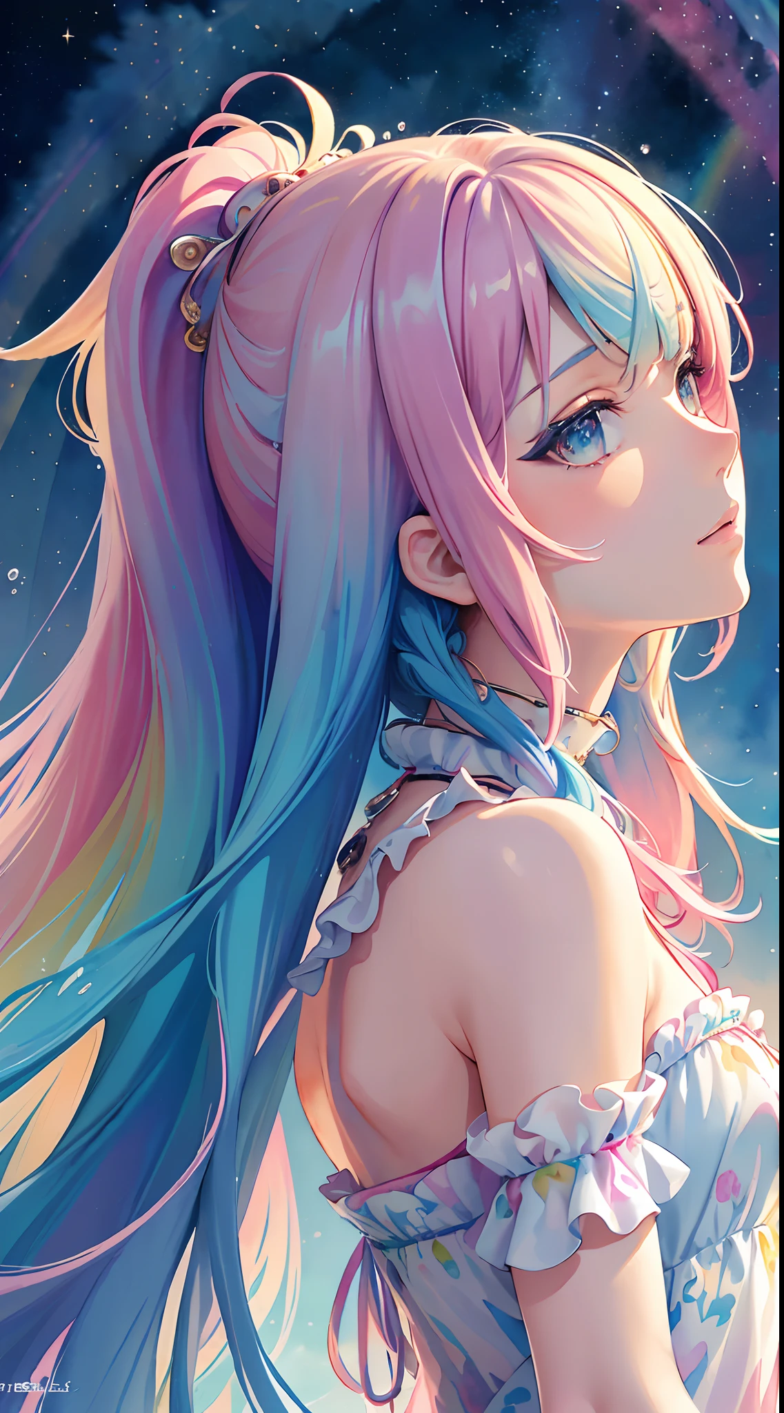 (masterpiece, top quality, best quality,watercolor (medium),official art, beautiful and aesthetic:1.2),(1girl:1.3), (fractal art:1.3),upper body, from side, looking at viewer,patterns,(rainbow color Hair,colorful hair,half blue and half pink hair:1.2),water,liquid, cloud,colorful, starry,stars,