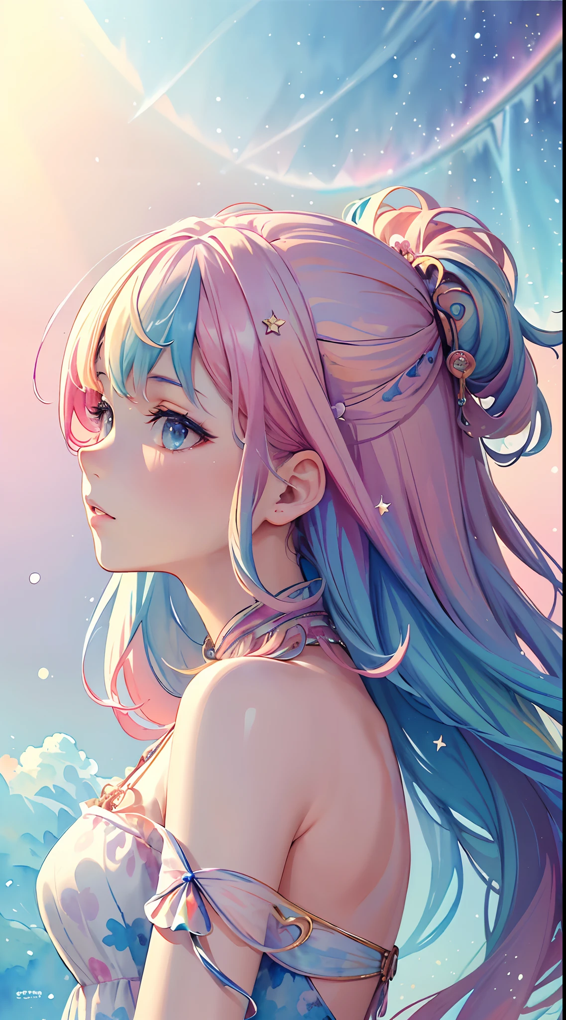 (masterpiece, top quality, best quality,watercolor (medium),official art, beautiful and aesthetic:1.2),(1girl:1.3), (fractal art:1.3),upper body, from side, looking at viewer,patterns,(rainbow color Hair,colorful hair,half blue and half pink hair:1.2),water,liquid, cloud,colorful, starry,stars,