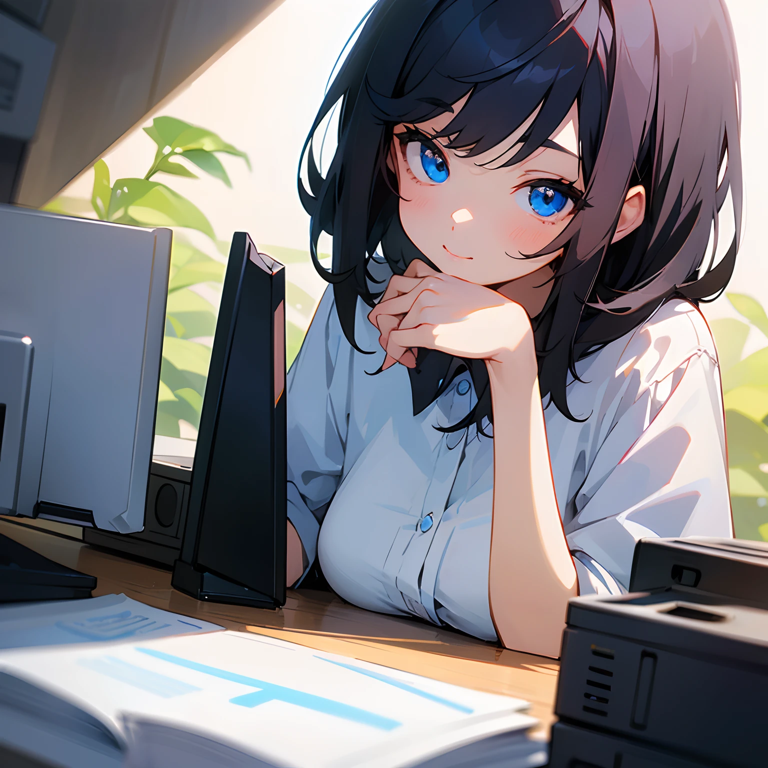 Beautiful illustration、top-quality、girl with、Black hair、shorth hair、A slight smil、(((Delicat eyes)))、blue eyess、drinking a cup of coffee、officeworker、personal computers