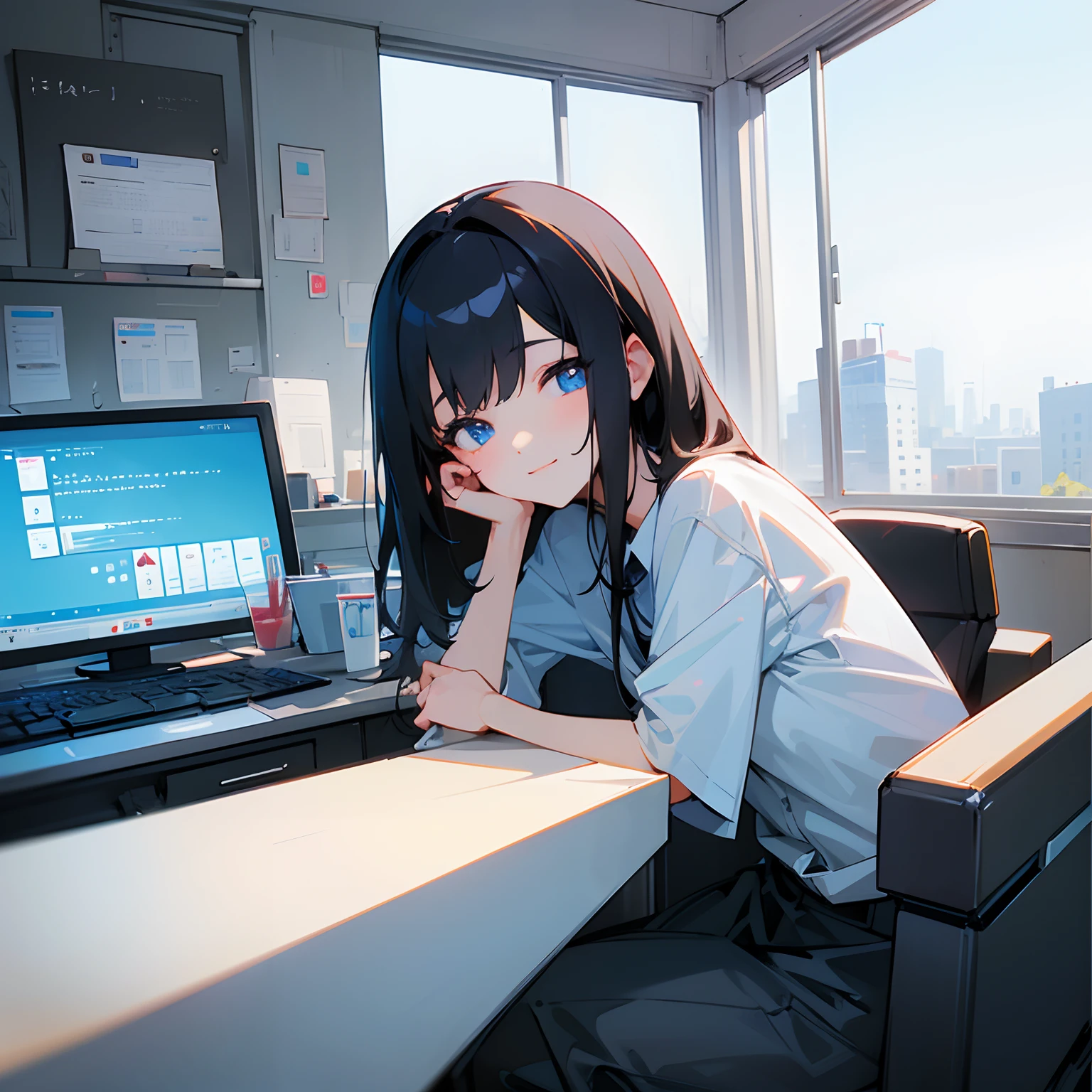 Beautiful illustration、top-quality、girl with、Black hair、shorth hair、A slight smil、(((Delicat eyes)))、blue eyess、drinking a cup of coffee、officeworker、personal computers