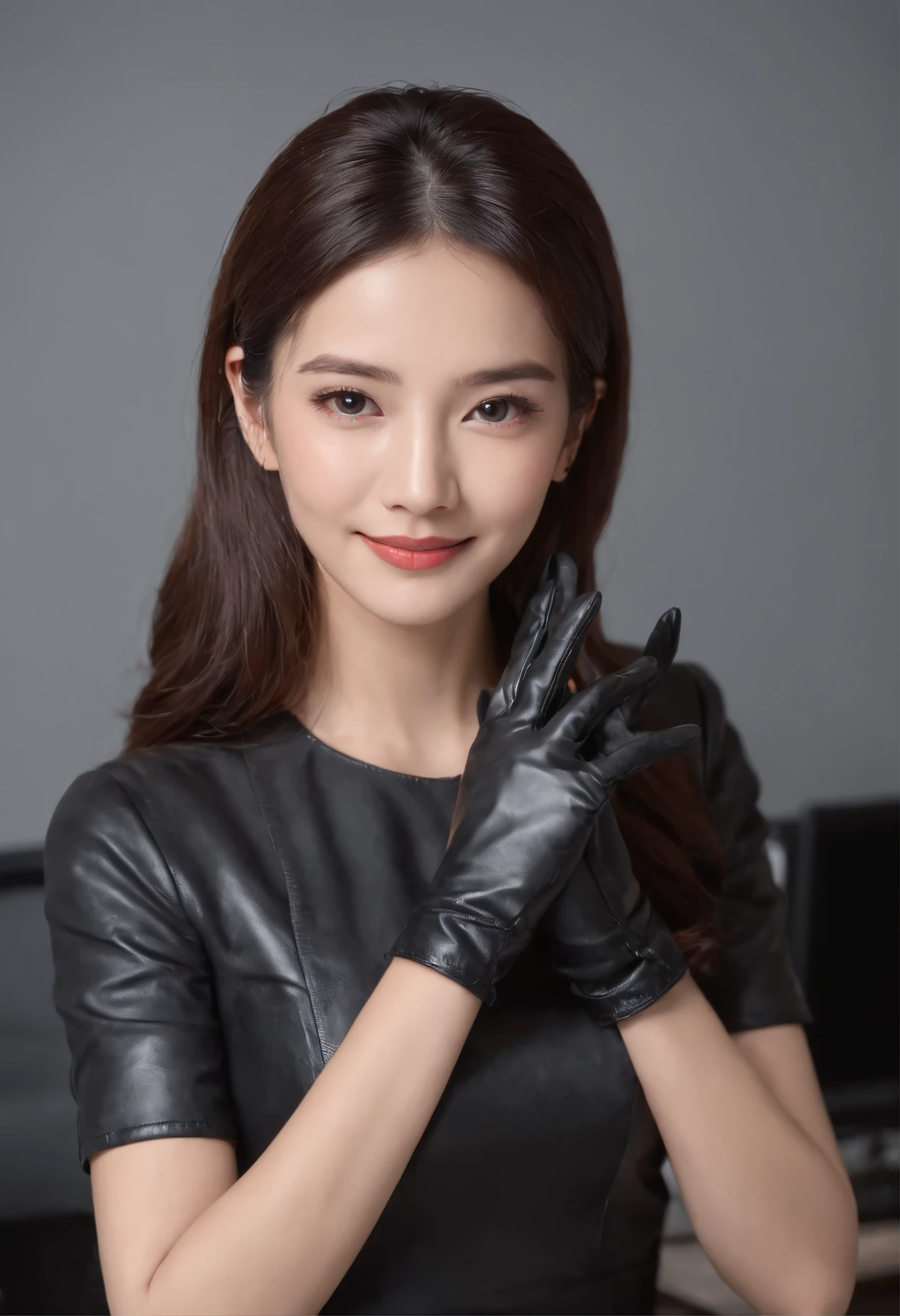 Wearing black leather gloves on both hands, Upper body, Black business suit, Facing the desk in my room with a computer in the dark, Smiling and looking at the screen, Operating the computer with the fingertips of black leather gloves, Black hair was tied back for a long time, Japan female new employee who is still young and very cute (Black leather gloves cover both hands) Gentle smile looking at the camera