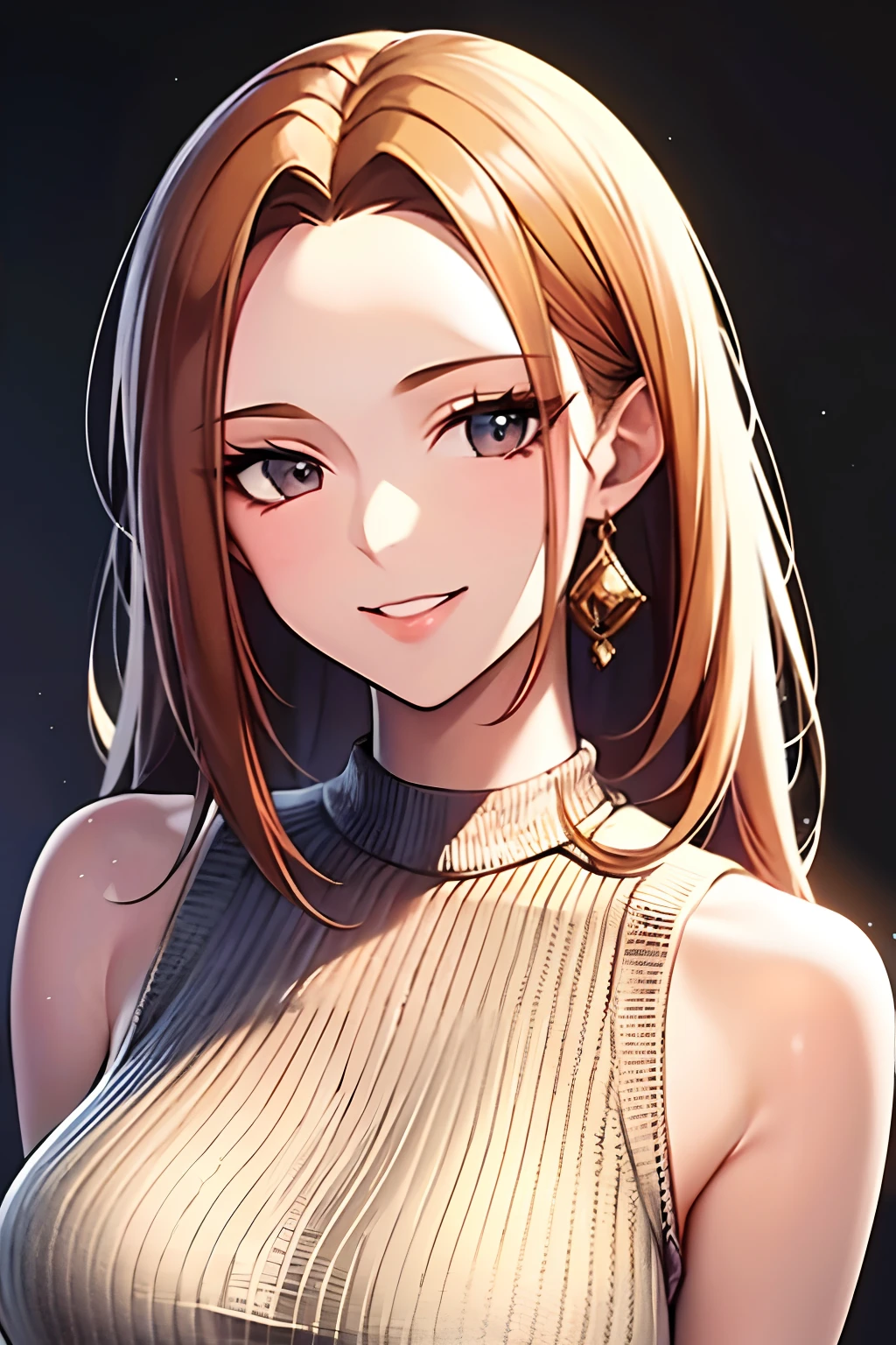 (masutepiece, Highest Quality), Beautiful and aesthetic, 1womanl, Idol, Elegant, (25 years old), Portrait, lightsmile, (North Reason Knit), Entire upper body, Simple background,