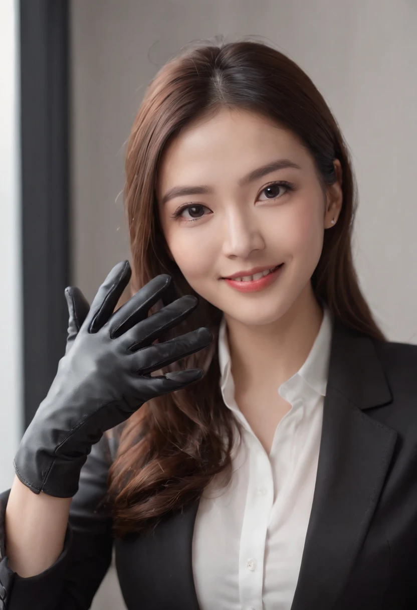 Wearing black leather gloves on both hands, Upper body, Black business suit, Facing the desk in my room with a computer in the dark, Smiling and looking at the screen, Operating the computer with the fingertips of black leather gloves, Black hair was tied back for a long time, Japan female new employee who is still young and very cute (Black leather gloves cover both hands) Gentle smile looking at the camera