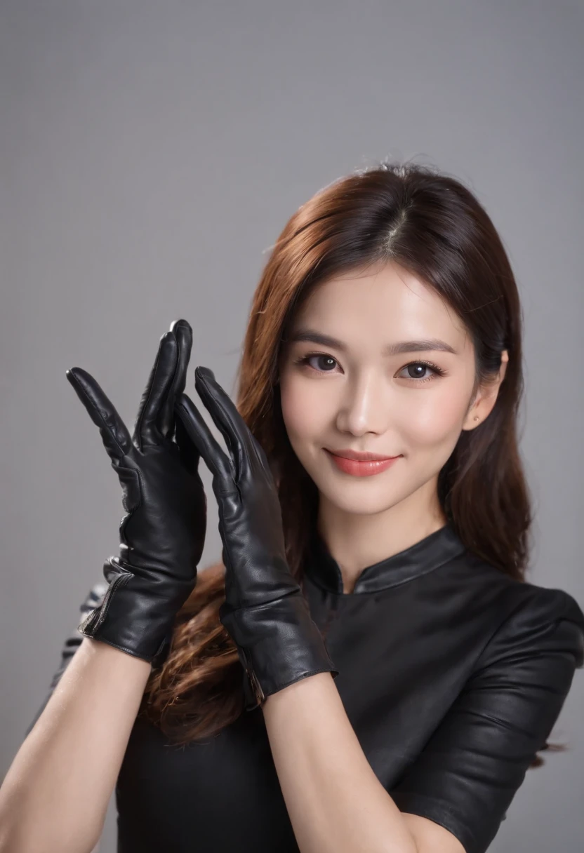 Wearing black leather gloves on both hands, Upper body, Black business suit, Facing the desk in my room with a computer in the dark, Smiling and looking at the screen, Operating the computer with the fingertips of black leather gloves, Black hair was tied back for a long time, Japan female new employee who is still young and very cute (Black leather gloves cover both hands) Gentle smile looking at the camera