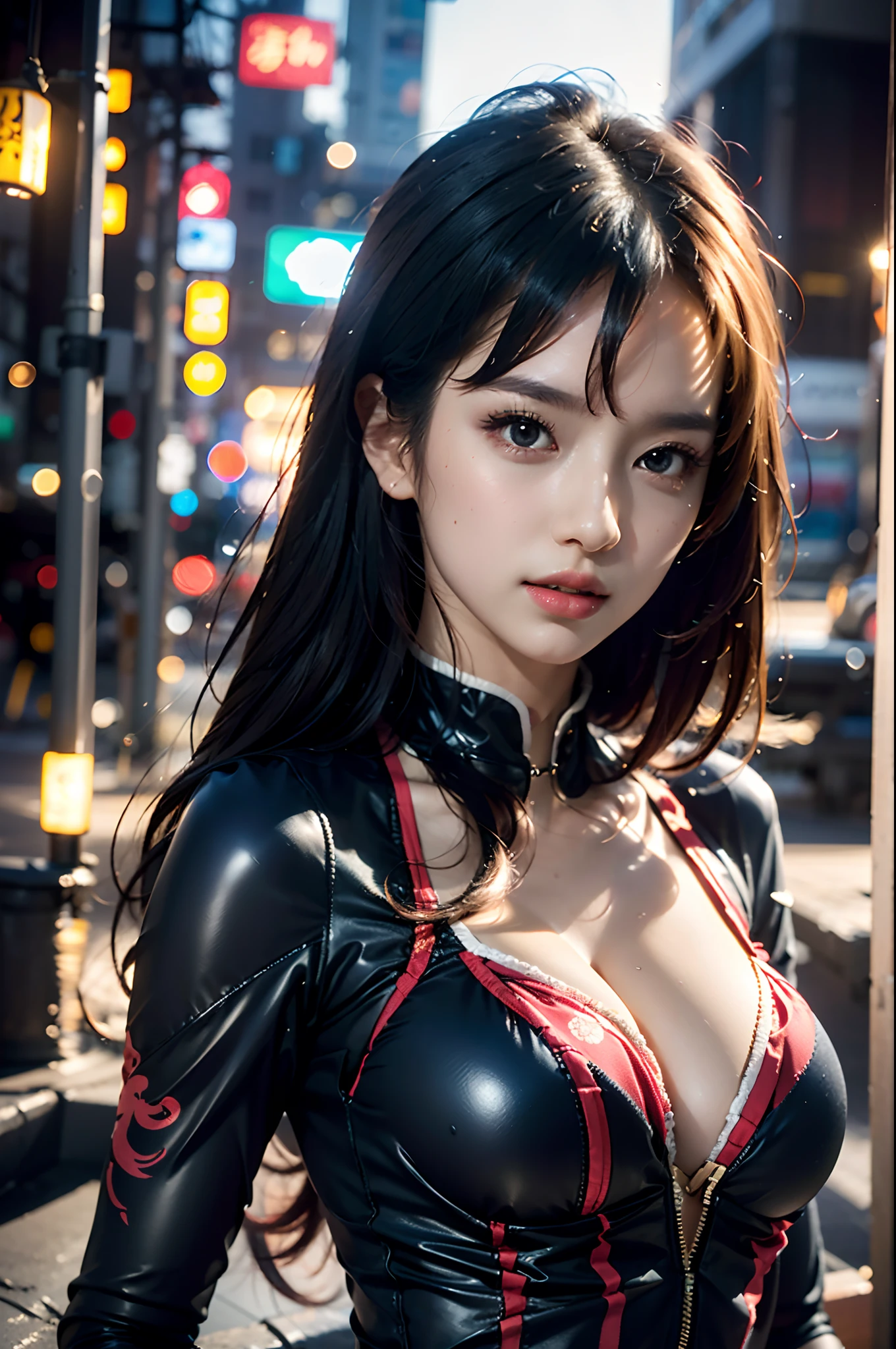 Super Resolution, (Realism: 1.3), 1 (Slim: 1.2), 1 Girl, Chinese_clothes, cyber-clothes, cyberpunk city, headwear, hair accessories, super detailed, beautiful studio soft light, dramatic lighting, vibrant details, luxurious cyberpunk, complex background, octane rendering, 8k, best quality, masterpiece, illustration, extremely refined and beautiful, very detailed, CG, wallpaper, (realistic, Photo Realism: 1.37), Amazing, Fine Detail, Masterpiece, Best Quality, Official Art, (Night: 1.5), Dark Theme, Dynamic Angles, Dynamic Pose, Cowboy Shot, 1 Girl, Solo, Detailed Face, Detailed Eyes, Looking at the Audience, Rouge\(Makeup\), Full Lips, Red Lips, Red Eyes, (Long Hair: 1.3), Upper Body, (Standing), (Cyberhanfu:1.2), Cheongsam, Futobot, Robot, Chinatown, Street, Empty, Cyberpunk, Paper lanterns, neon lights