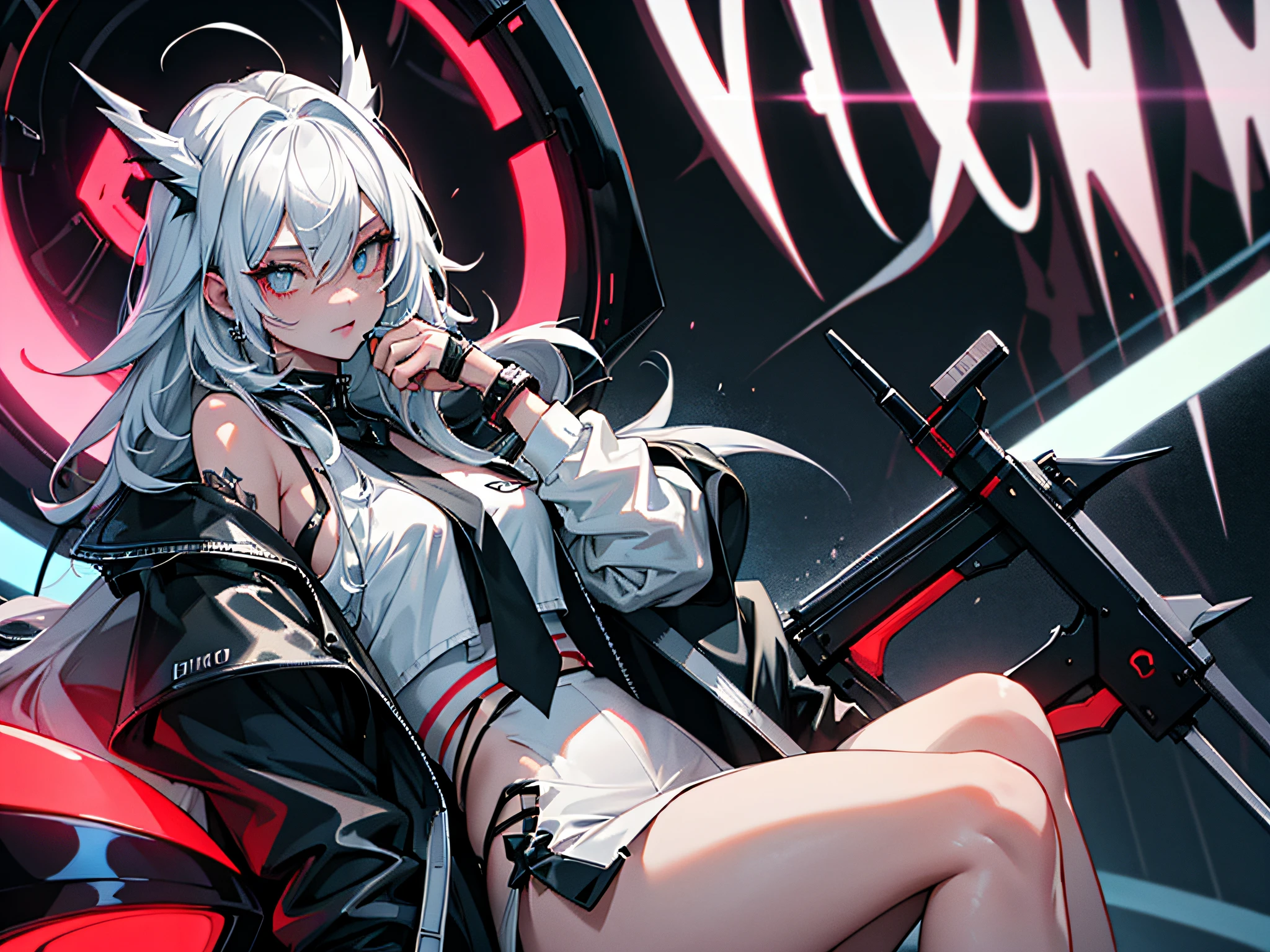 girl, white long hair, cool black open short jacket labeled crucia, tatoos, messy fade cut hair, crazy, sit pose, on futuristic neon night street background,poser