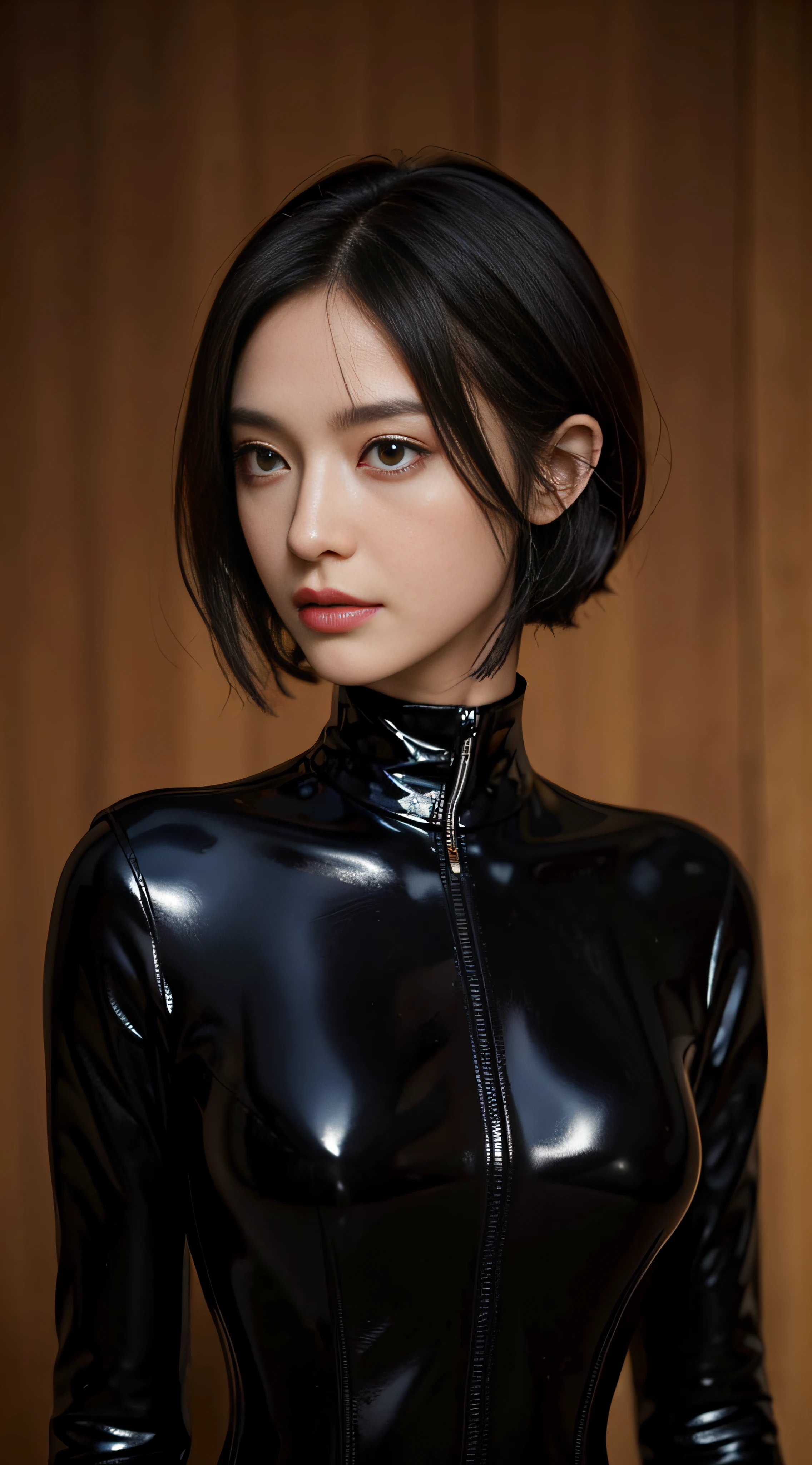 Nakid,rubbery,Black corset,catsuits,collars,NSFW,((HighestQuali,8K,tmasterpiece:1.3)),Clear focus:1.2,Beautiful Women in Perfect Figure:1.4,Slender abs:1.2,Moist body:1.5,Highly Detailed Face and Skin Textur,Detailed eyes,二重まぶた,Very short hair,