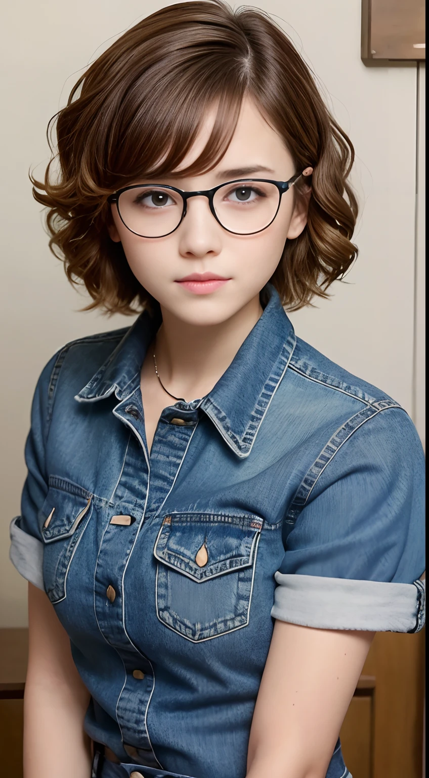 1 beautiful girl、Short-cut hair with curls、girl wearing round glasses、Beautiful girl with sauce eyes、Blue denim shirt