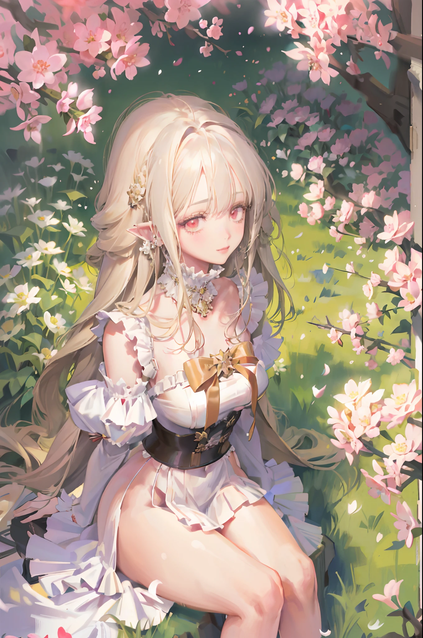 Original Character, Volumetric Lighting, Best Shadows, Shallow Depth of Field, Close Up Of Stunningly Beautiful Girl, Petite, Wide Hips, Thick Thighs, Slight Chubby, Small body, Delicate Beautiful Attractive Face With Alluring Red Eyes, Sharp Eyebrows, Half Open Eyes, Elf ears, Cute Smile, Lovely Big Breasts, Layered Long  Blond Hair With Ribbon Tied To A Part Of Hair On The Side, Blunt Bangs, Long Straight Hair, Pale Skin, Ear Piercings, Blush Eyeshadow, Blonde Thick Eyelashes, Long eyelashes, Slim Waist, Lace ta Princess Dress, see through dress, (Garden Background:1.1) , Sitting Down, Sitting on grass, Half-Body, Posing, (Highest Quality, Amazing Details:1.25), (Solo:1.3), Brilliant Colorful Paintings, Looking At Viewer