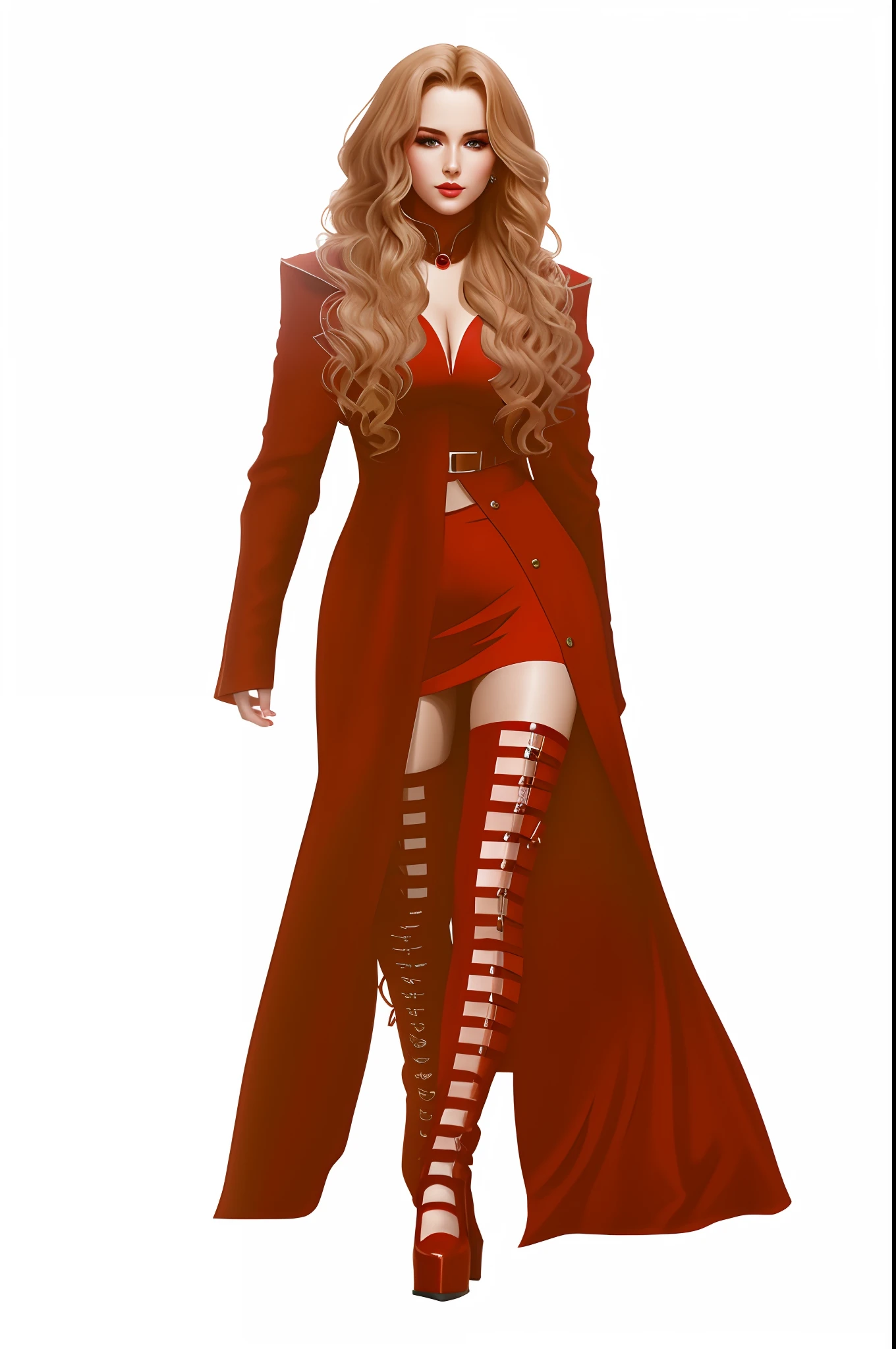 blond, caucasian, dark, a close up of a woman in a red dress and a red cape, demon red eyes, outfit design, red clothes, imvu, inspired by Slava Raškaj, full body black and red longcoat, red coat, inspired by Bartolomeo Vivarini, digital art. @mariomaniacdude, a digital rendering, full body length, made with photoshop