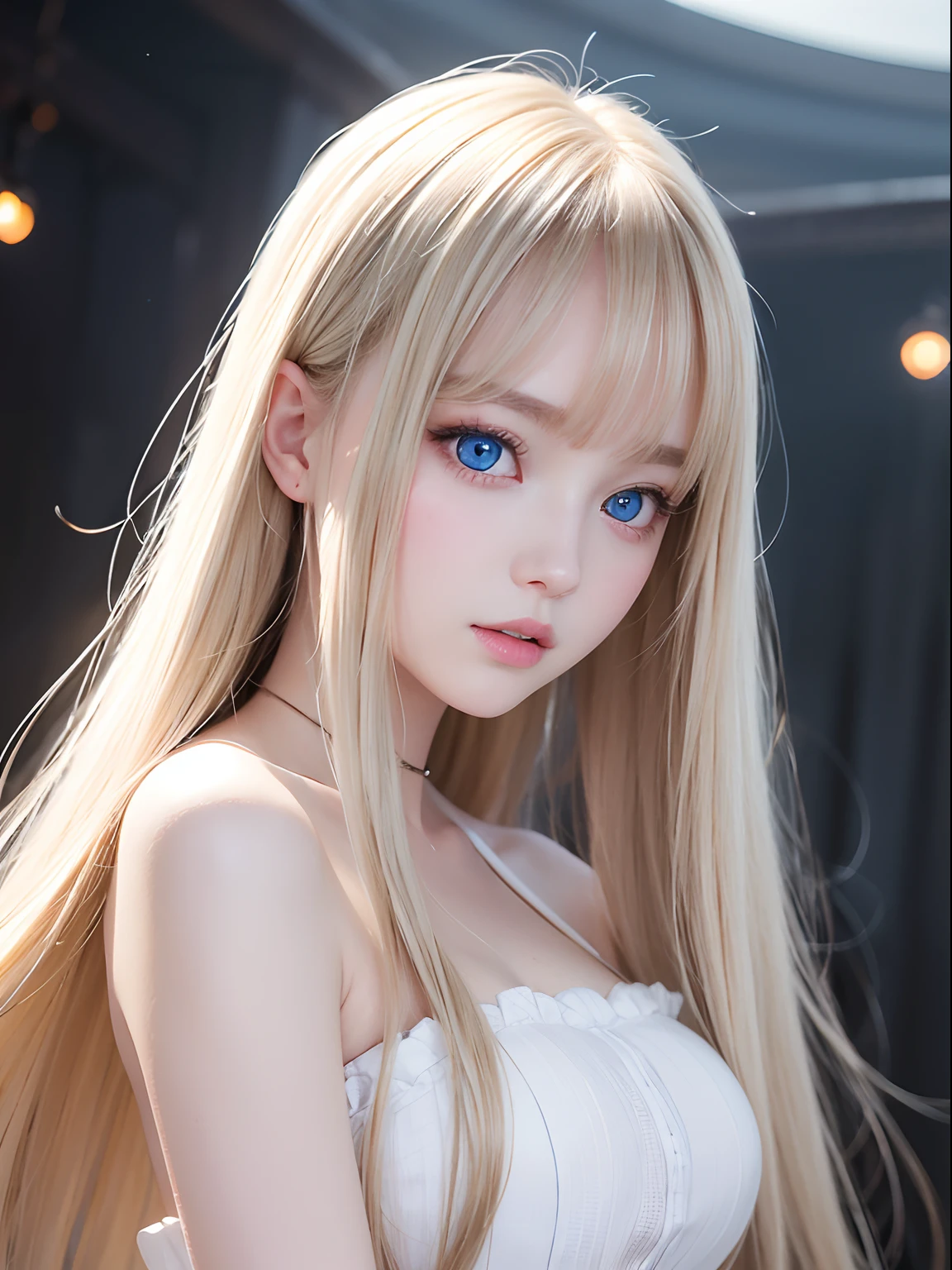Very beautiful shiny cute face、shiny beautiful white skin、Highlights of glowing cheeks、Beautiful cute sexy pale blue eyes、Big double eyelid eyes、Beautiful very long shiny silky pale blonde straight hair、Sexy 18 years old、Cute beautiful girl with long bangs swaying、The most beautiful western girls in the world、Round face、Adorable appearance、