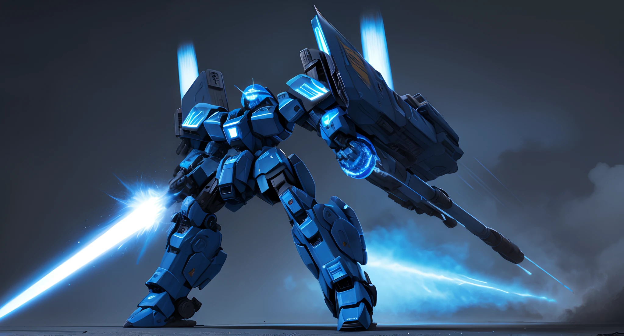 Blue mech，Equipped with plasma cannon and laser gun。