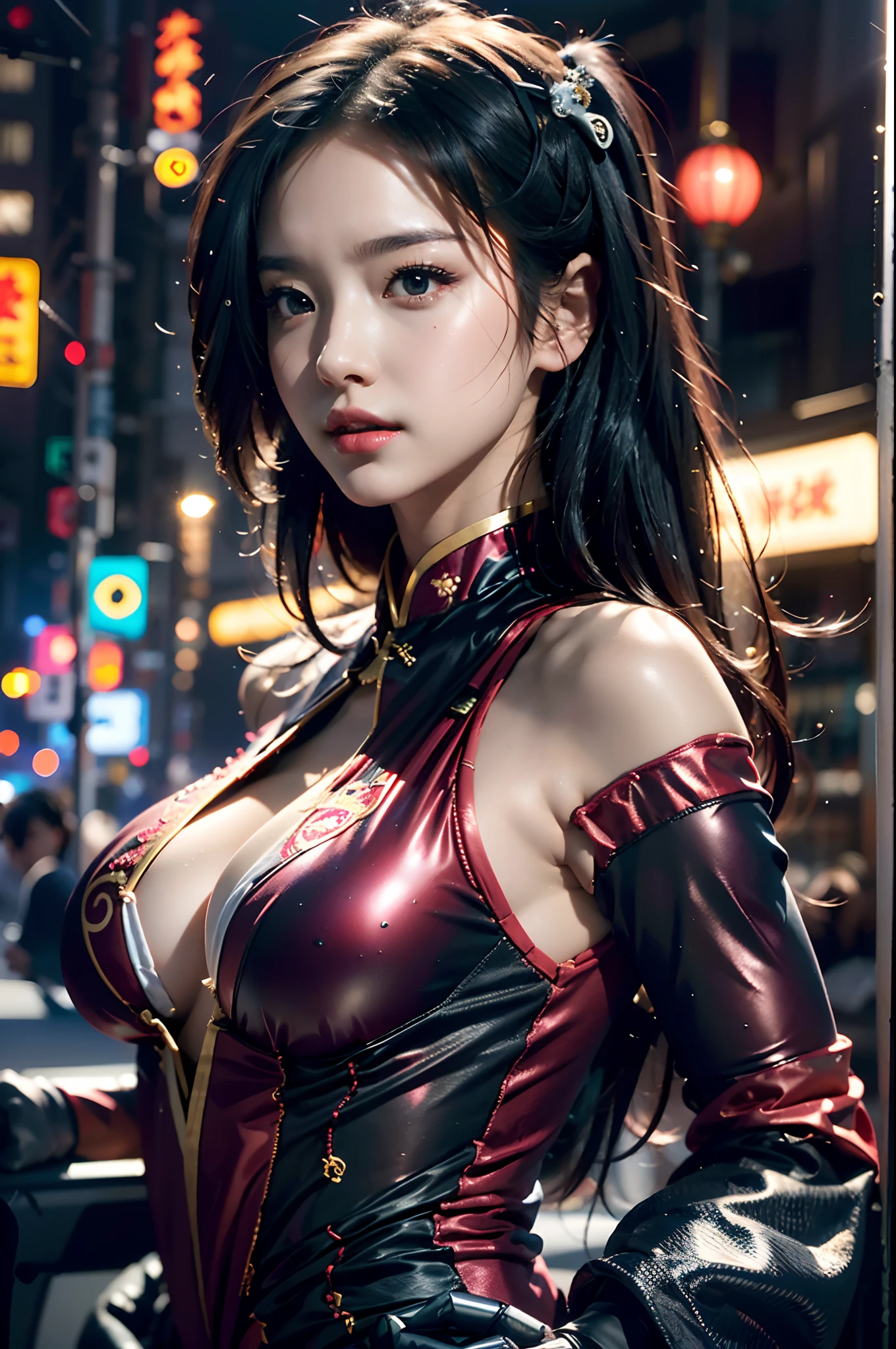 Super Resolution, (Realism: 1.3), 1 (Slim: 1.2), 1 Girl, Chinese_clothes, cyber-clothes, cyberpunk city, headwear, hair accessories, super detailed, beautiful studio soft light, dramatic lighting, vibrant details, luxurious cyberpunk, complex background, octane rendering, 8k, best quality, masterpiece, illustration, extremely refined and beautiful, very detailed, CG, wallpaper, (realistic, Photo Realism: 1.37), Amazing, Fine Detail, Masterpiece, Best Quality, Official Art, (Night: 1.5), Dark Theme, Dynamic Angles, Dynamic Pose, Cowboy Shot, 1 Girl, Solo, Detailed Face, Detailed Eyes, Looking at the Audience, Rouge\(Makeup\), Full Lips, Red Lips, Red Eyes, (Long Hair: 1.3), Upper Body, (Standing), (Cyberhanfu:1.2), Cheongsam, Futobot, Robot, Chinatown, Street, Empty, Cyberpunk, Paper lanterns, neon lights