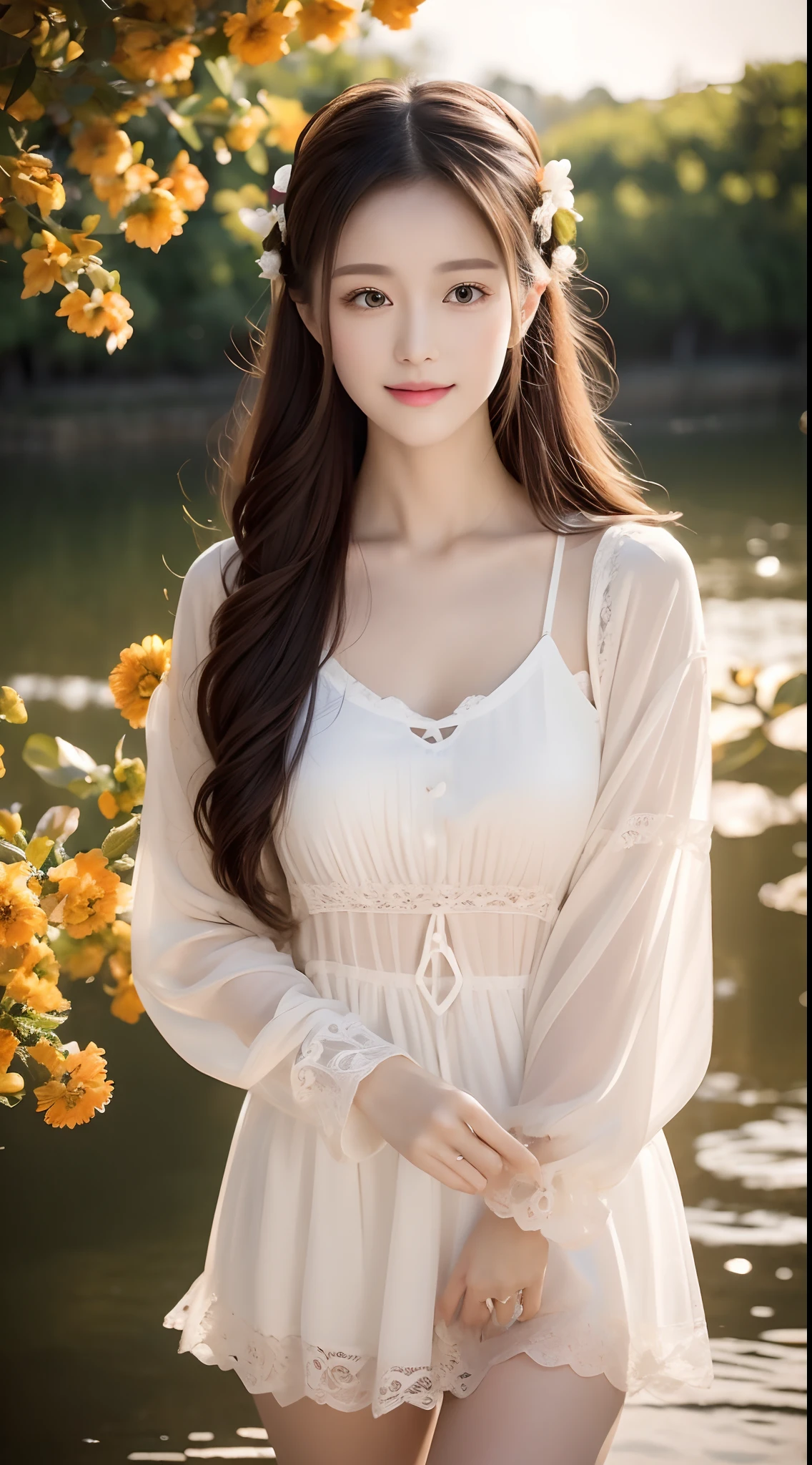 Produces a warm orange glow on the surface of the water,The light source comes from the sun,Illuminate the entire picture。In this medieval port,We could see a beautiful girl,She has long white hair,The eyes are bright yellow。She had a faint smile on her face。。。,Show serenity and confidence。She wears a small white flower,Clipped above her hair。In this medium shot,We can clearly see her upper body,Wearing a short white shirt,Wear yours with a black baseball cap。She had a hairpin pinned to her chest。She wears a black hoodie,Wear yours with black over-the-knee socks and thigh boots。Her long eyelashes and delicate face are very detailed。The whole picture gives a feeling of warmth and tranquility,Warm tones,The painting style is rich and colorful,Extremely colorful。Through soft focus and vivid colors,It creates a picture of romance and harmony。The details of this painting are very exquisite,Every part is very realistic,It's like a realistic photo。Best 8K high resolution quality for the entire painting,Fully show the beauty of this port,Provides ultra-detailed results。