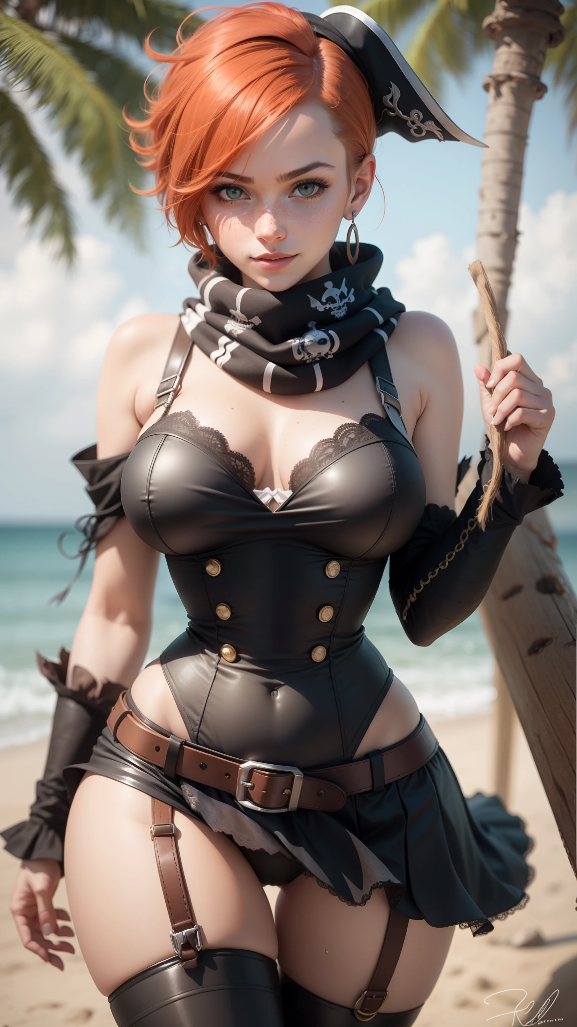 gwen tennyson,tracer,yorha 2b,raven, rebecca chambers,atelier ryza,pirate outfit,beach,ager,green eyes,thigh high boots,garter belt,shy smile,striped panties,short hair,orange hair,pirate ship,white striped top,gothic mini skirt,wet body, freckles,redhead,pirate corset,pirate jacket,beautiful girl,large breasts,ultra detailed,realistic,pearl earrings,long scarf,
