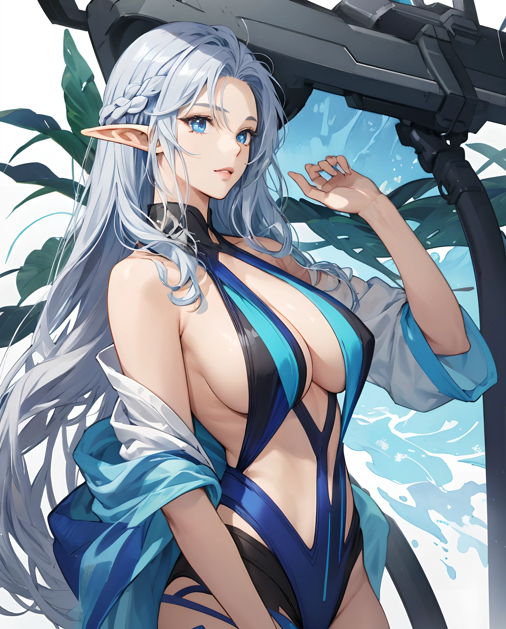 An Elf, blue eyes, blue type silver hair that reaches her shoulders, braid on the left side of her hair. Half bangs right side of her hair, Beauty Mark on the left cheek, she is also very beautiful and voluptuous figure,She usually wears a hikini or hipkini silver colour, Highly quality, highly texture, highly shaded, highly detailed, semirealist anime, one person only