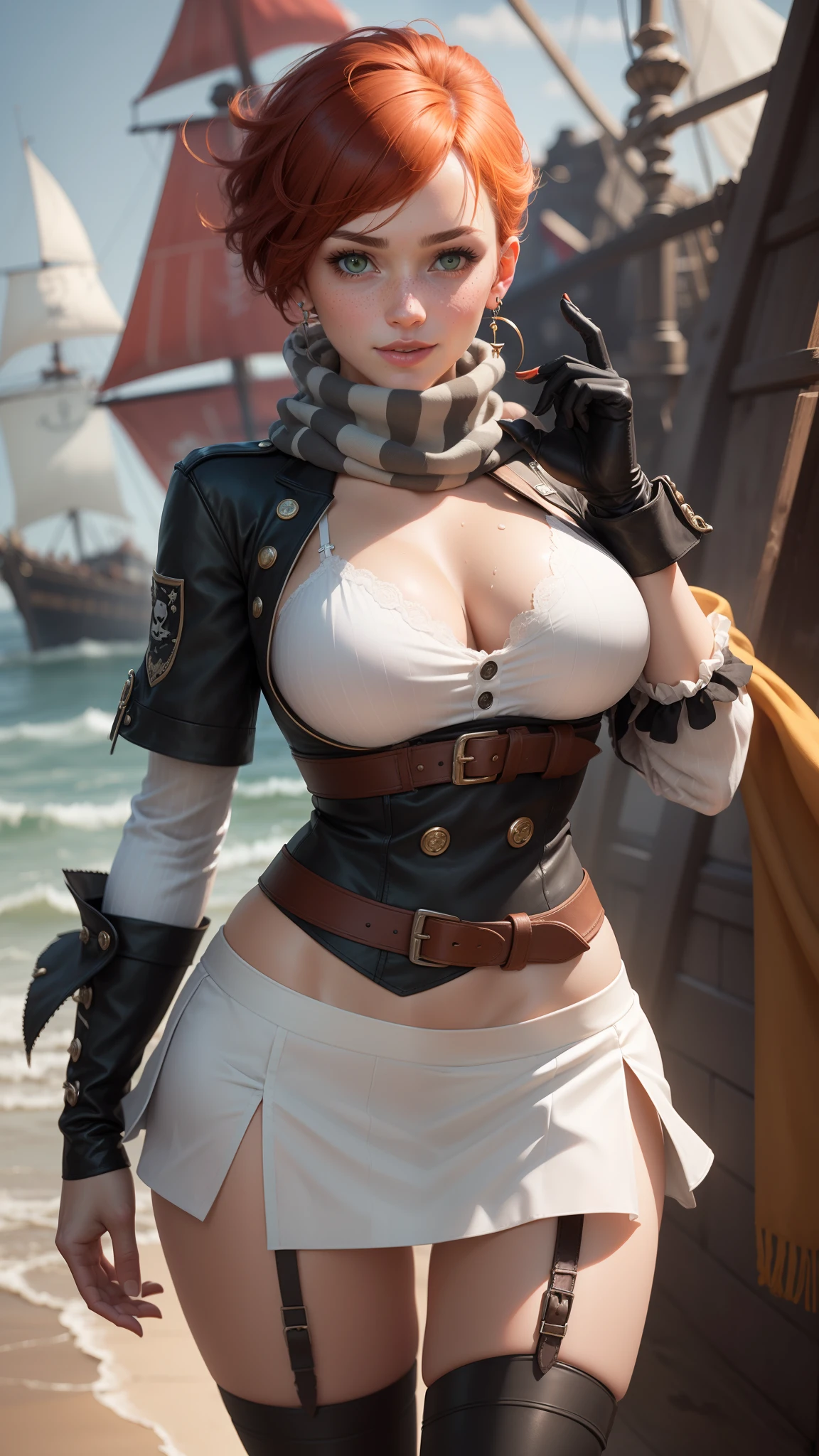 gwen tennyson,tracer,yorha 2b,raven, rebecca chambers,atelier ryza,pirate outfit,beach,ager,green eyes,thigh high boots,garter belt,shy smile,striped panties,short hair,orange hair,pirate ship,white striped top,gothic mini skirt,wet body, freckles,redhead,pirate corset,pirate jacket,beautiful girl,large breasts,ultra detailed,realistic,pearl earrings,long scarf,