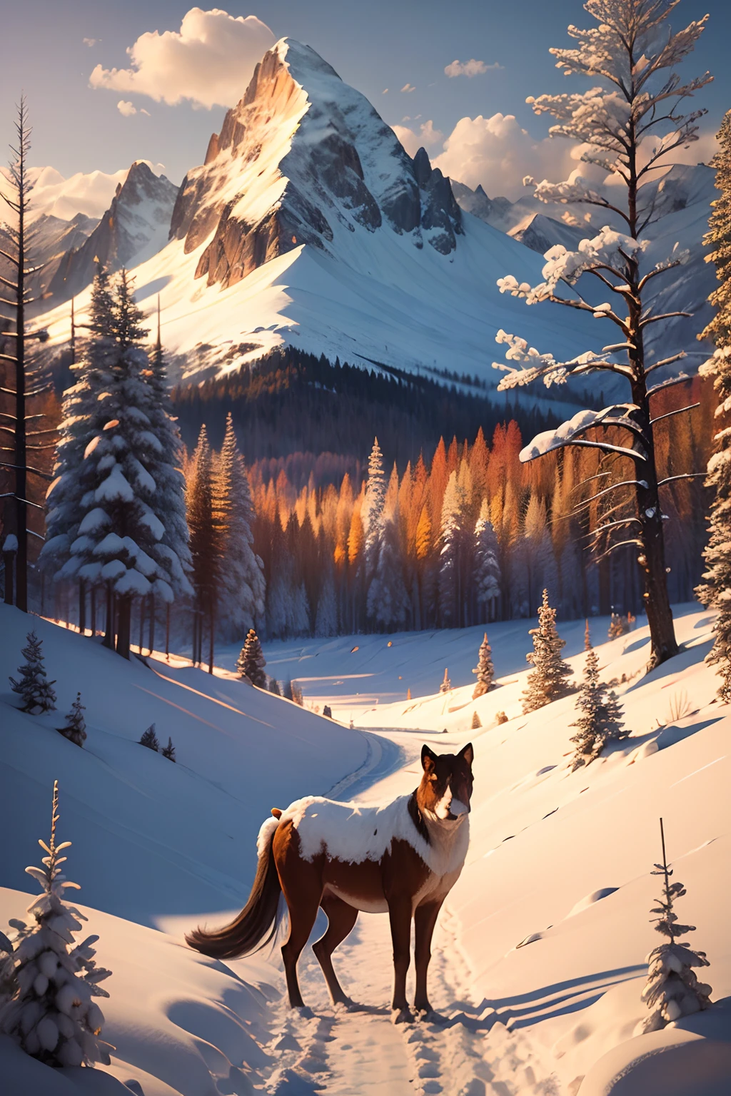 Snowy mountains in the sun，It looks more vivid and beautiful against the background of warm colors，It's like a kingdom of ice and snow，It feels incredibly pure and fresh