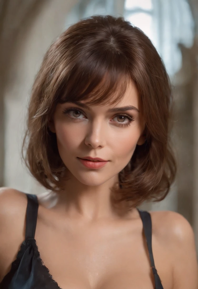 masutepiece, Highest Quality, ultra-detailliert, High resolution, (Realistic, Photorealsitic:1.37), Good anatomy, 1 beautiful woman, Voluminous updo, Natural wavy shape, a pixie cut, Look at viewers, (Cinematic:0.7), depth of fields, outside of house, Night time, (Frontal character:1.3), Ivory hair, Golden Eyes, ((Upper body)), best light, Best Shadow, Mysterious, Perfect face, Highly detailed,