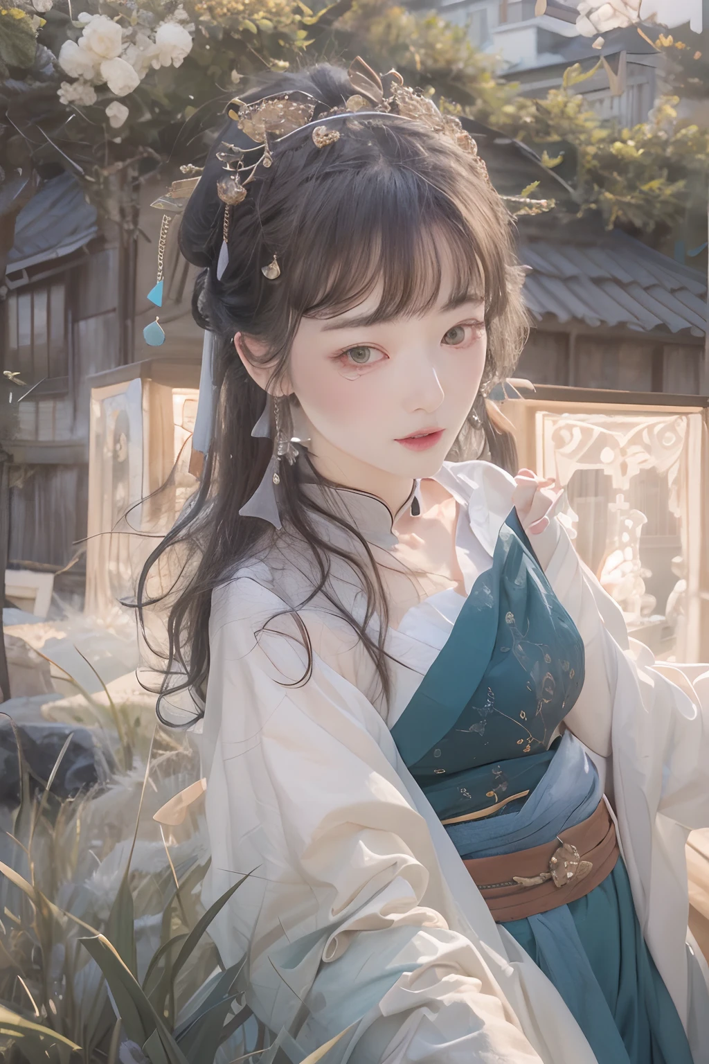 Works of masters,Higher quality,超高分辨率,8K分辨率,depth of fields,in a panoramic view,first person perspective,s the perfect face,Girl,solo person,ssmile,long whitr hair,A brown-haired,Wave head,Bracelet,Collar,bangle,Hanfu,frilld,lacing,Bare shoulders,fur shawl,Facing the viewer,eventide,setting sun,sea beach,ricefield,bamboo forrest,Temple,ukiyoe painting,Natural soft light