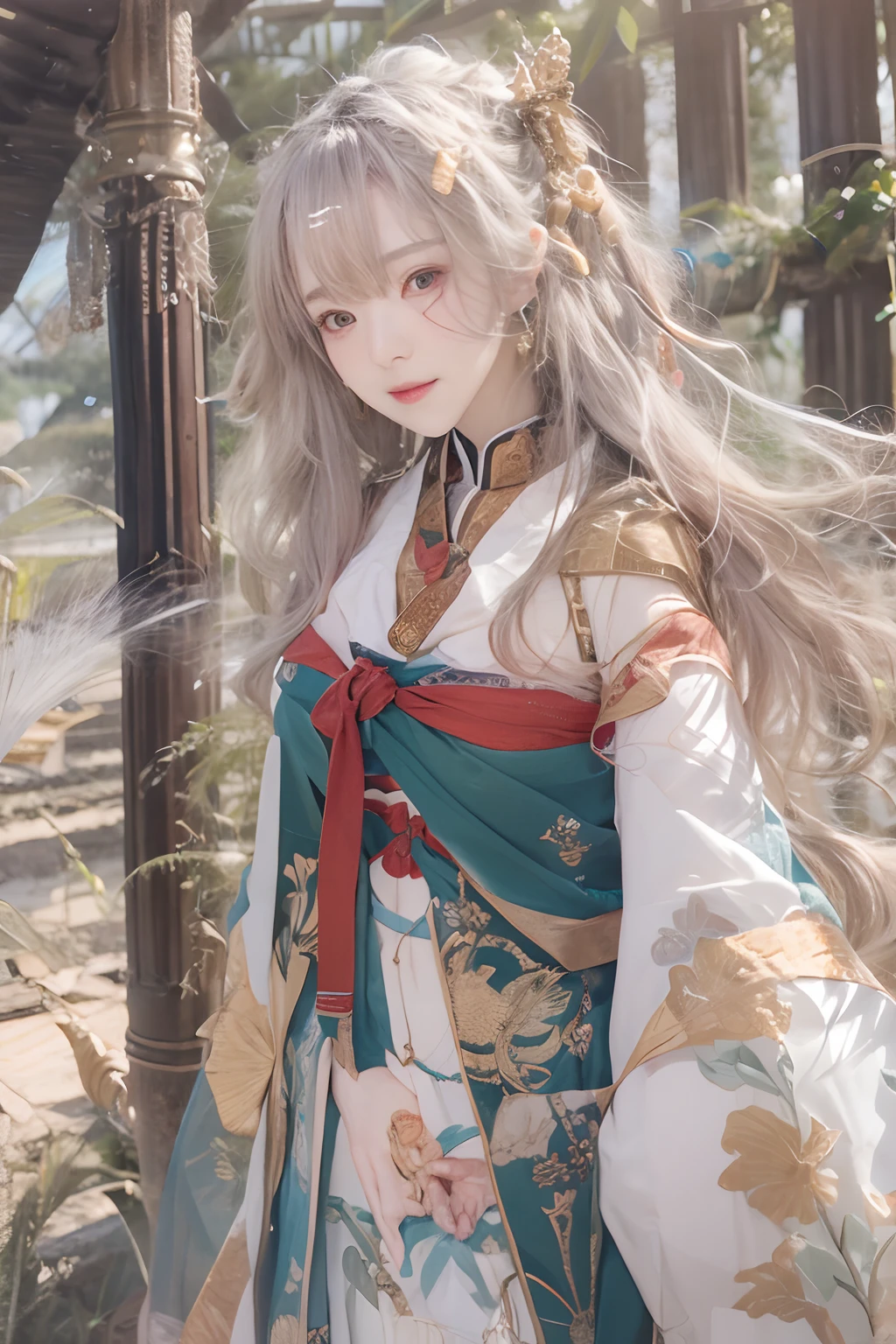 Works of masters,Higher quality,超高分辨率,8K分辨率,depth of fields,in a panoramic view,first person perspective,s the perfect face,Girl,solo person,ssmile,long whitr hair,A brown-haired,Wave head,Bracelet,Collar,bangle,Hanfu,frilld,lacing,Bare shoulders,fur shawl,Facing the viewer,eventide,setting sun,sea beach,ricefield,bamboo forrest,Temple,ukiyoe painting,Natural soft light