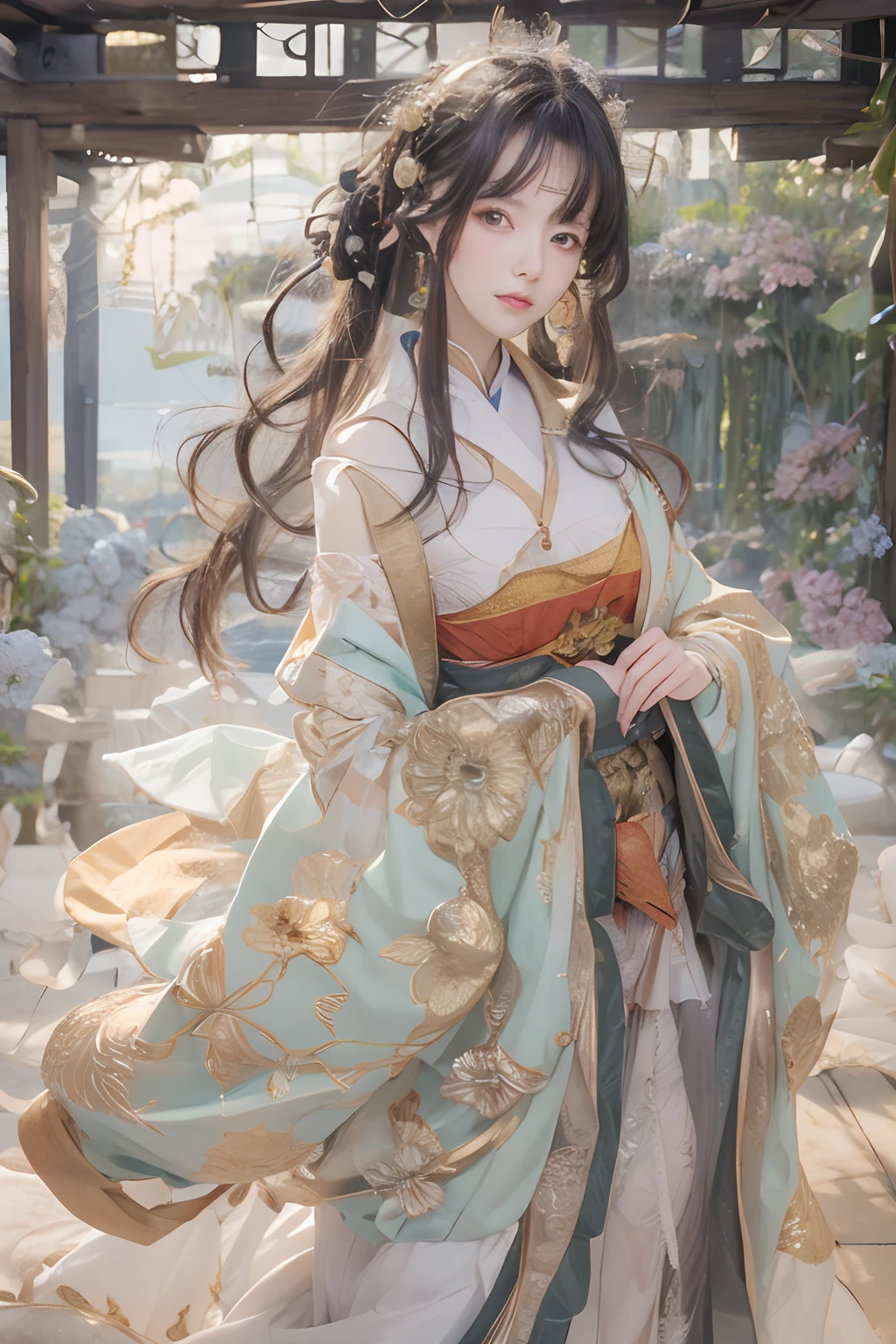 Works of masters,Higher quality,超高分辨率,8K分辨率,depth of fields,in a panoramic view,first person perspective,s the perfect face,Girl,solo person,ssmile,long whitr hair,A brown-haired,Wave head,Bracelet,Collar,bangle,Hanfu,frilld,lacing,Bare shoulders,fur shawl,Facing the viewer,eventide,setting sun,sea beach,ricefield,bamboo forrest,Temple,ukiyoe painting,Natural soft light