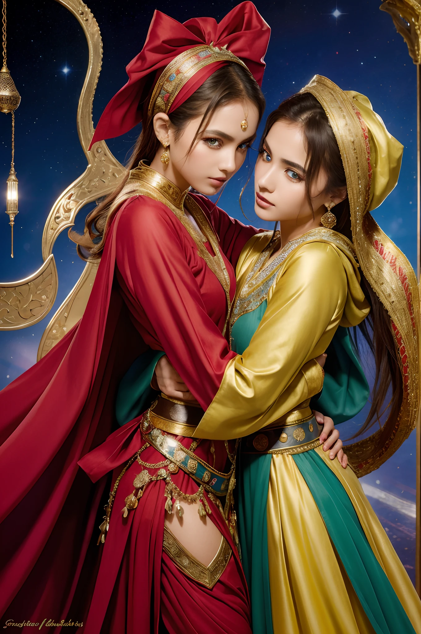 2 girls kneeling,duo,top-quality、Extremely Delicately Beautiful、(Strange blue and red eyes)、arabian clothes 、silber hair、femele、(（Brown skin）),Front lens,（Close-up Shot Shot：1.6），best qualtiy，f / 1 HD photography T bokeh，Depth of field macro,