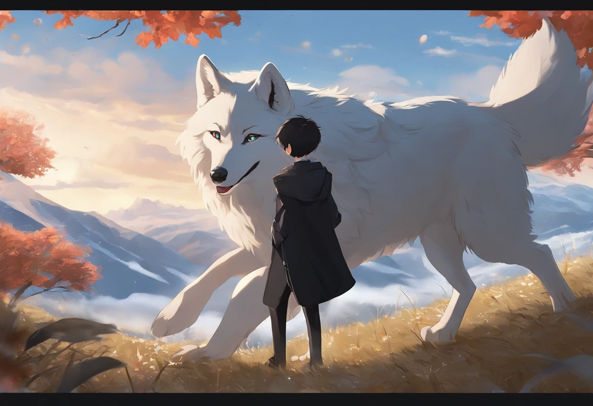 (masterpiece), (best quality), (very detailed), cute boy alone, full body, beautiful blue eyes, thin short black hair,wolf ears, black gloves, falling from the sky, floating in the air, falling from the sky, black jacket, catholic, blush, night, cloud, field, snowy mountain, daytime, anime art, playing with wolves,anime illustration,smile