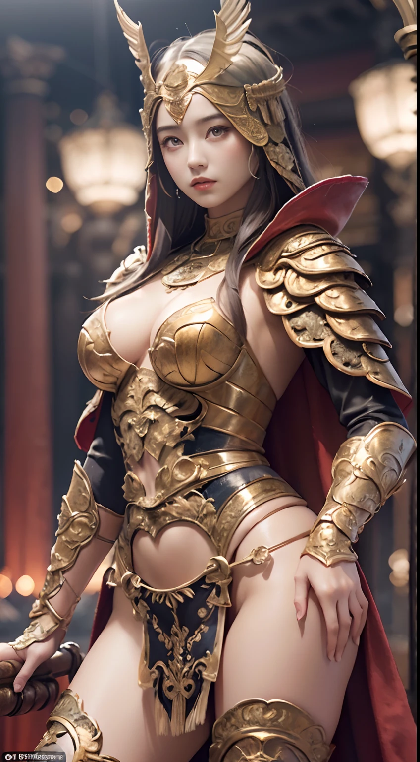 ((Masterpiece))), ((Best Quality))), ((Ultra Detailed)), (Surreal), (Highly Detailed CG Illustration), Cinematic Light, Realistic, Very Beautiful Young Lady,Sexy, Light Makeup,, Intricate Details EABA, Red Cloak, Spear
