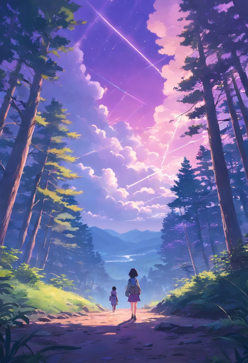 Once upon a time there was an explorer in a forest with a purple sky in search of a beautiful view, en regardant dans le ciel, She noticed the writing "scarleyy" thanks to the shape of the clouds