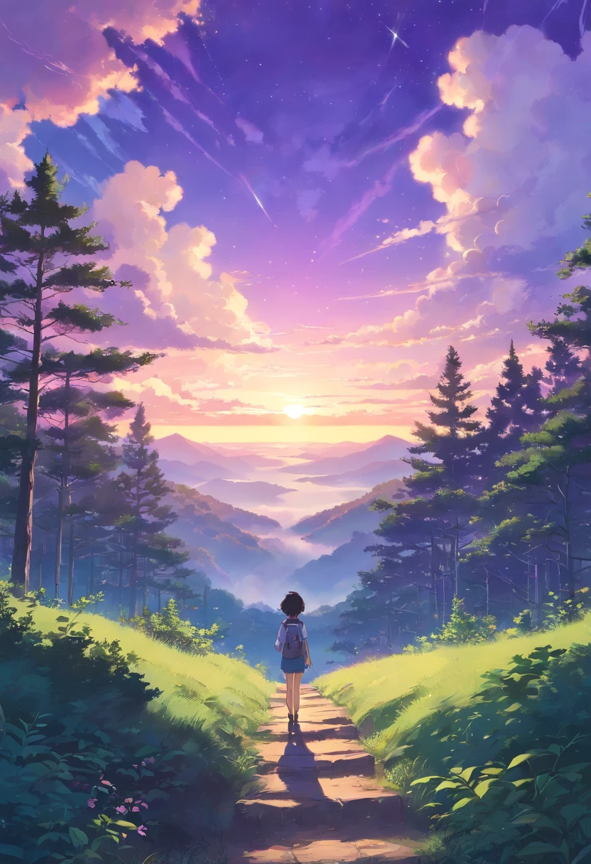 Once upon a time there was an explorer in a forest with a purple sky in search of a beautiful view, en regardant dans le ciel, She noticed the writing "scarleyy" thanks to the shape of the clouds