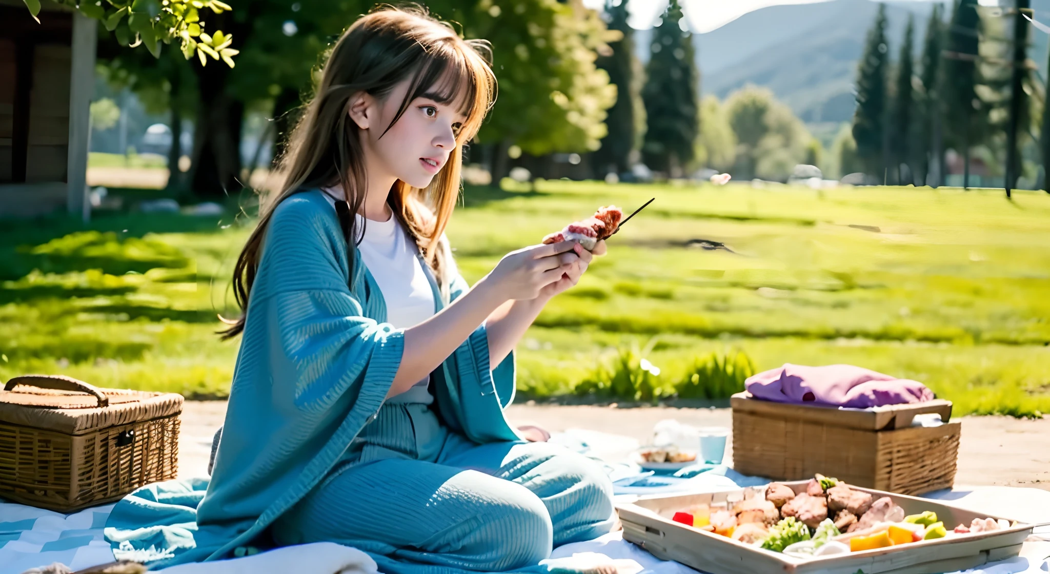 s,a puppy dog, parks, Wrapped in a gray blanket, Picnic mats,Turquoise meadows,A few skewers of grilled meat,Bright,in a panoramic view,blond hairbl
