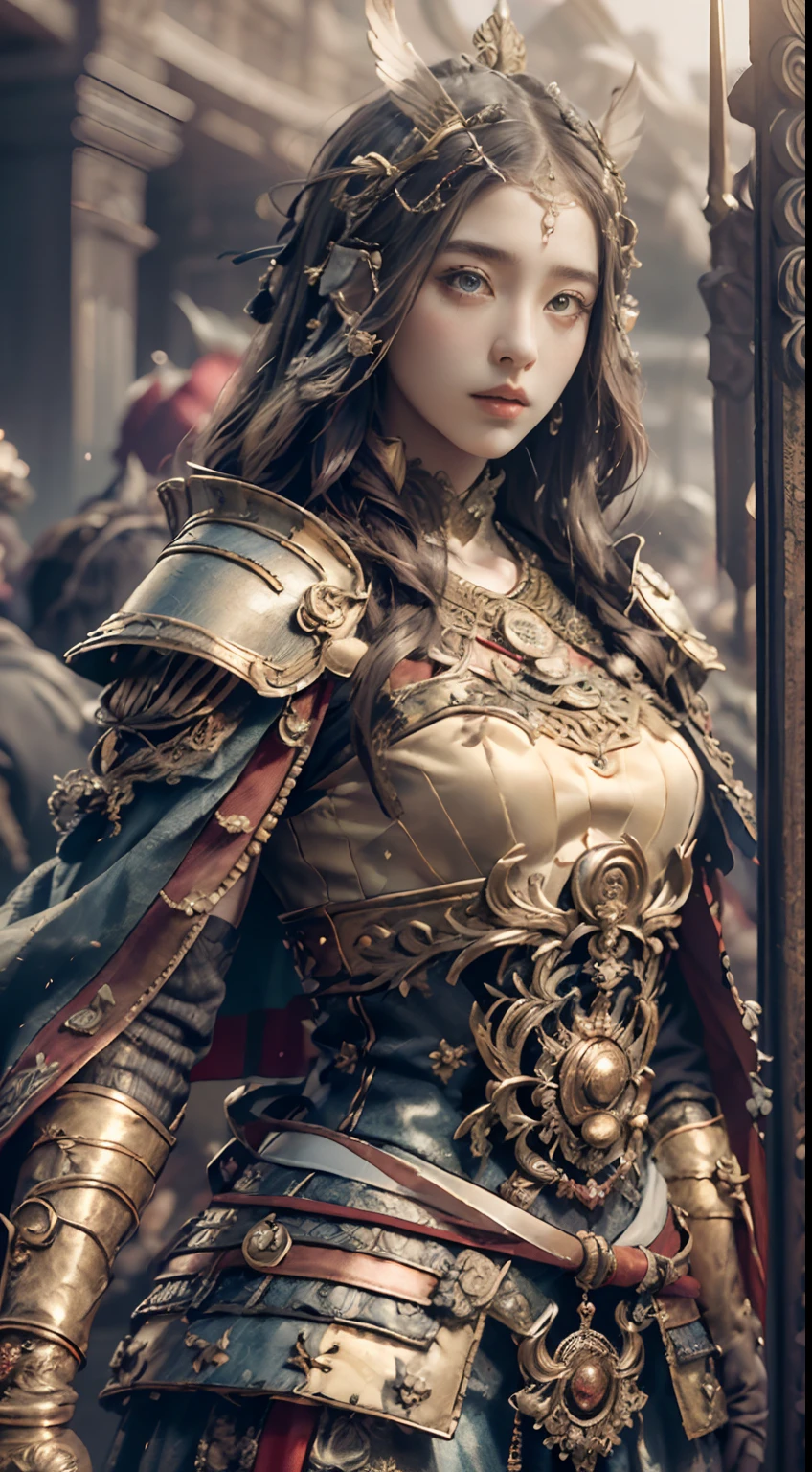 ((Masterpiece))), ((Best Quality))), ((Ultra Detailed)), (Surreal), (Highly Detailed CG Illustration), Cinematic Light, Realistic, Very Beautiful Young Lady,Sexy, Light Makeup,, Intricate Details EABA, Red Cloak, Spear