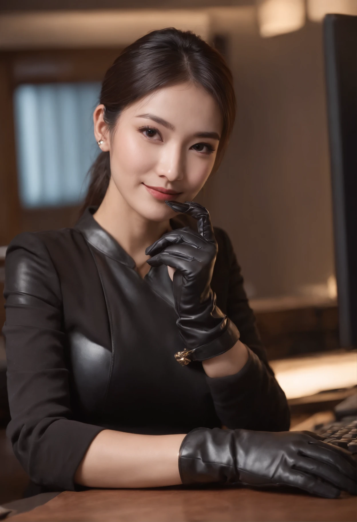 Wearing black leather gloves on both hands, Upper body, Black business suit, Facing the desk in my room with a computer in the dark, Smiling and looking at the screen, Operating the computer with the fingertips of black leather gloves, Black hair was tied back for a long time, Japan female new employee who is still young and very cute (Black leather gloves cover both hands) Gentle smile looking at the camera