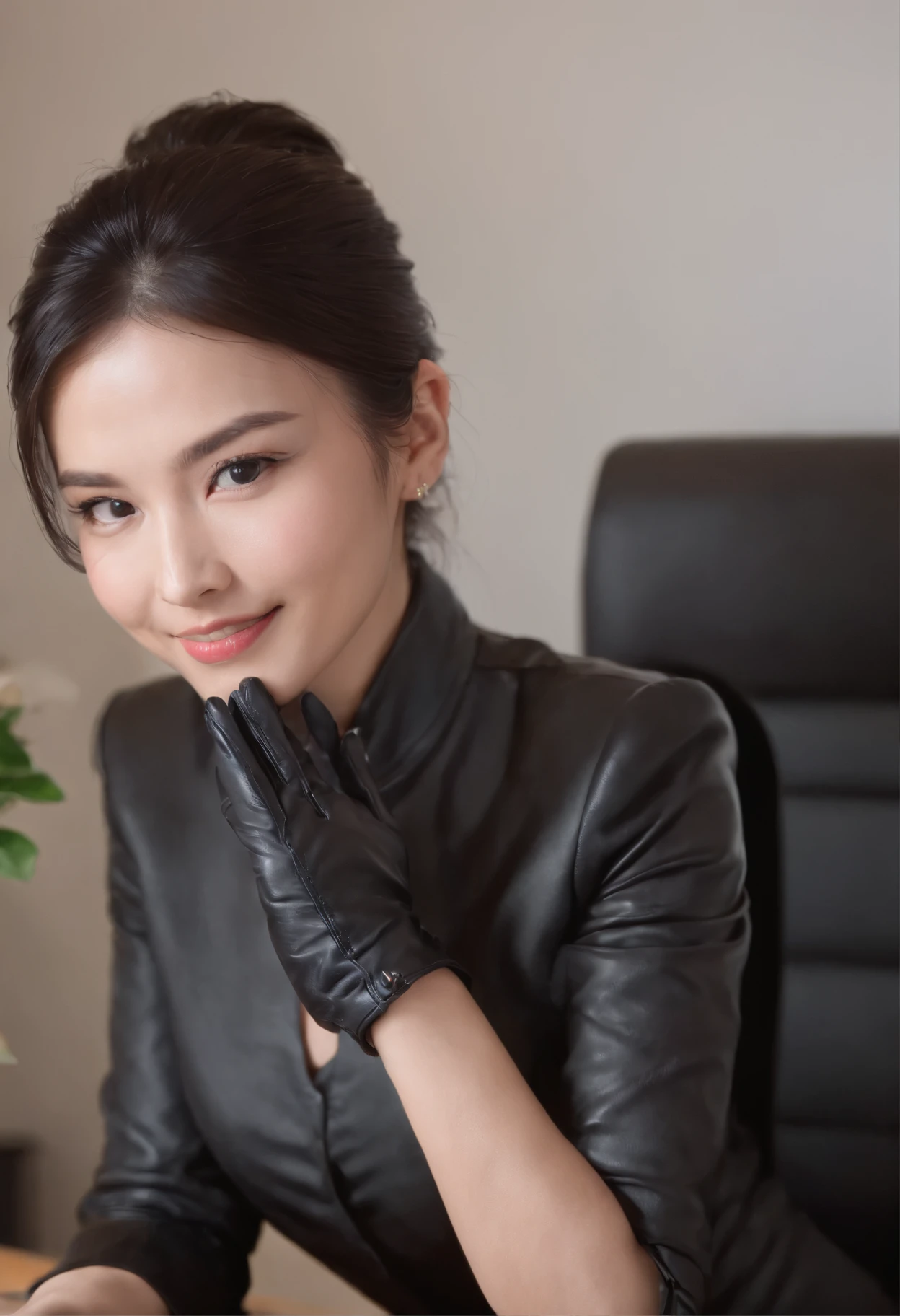 Wearing black leather gloves on both hands, Upper body, Black business suit, Facing the desk in my room with a computer in the dark, Smiling and looking at the screen, Operating the computer with the fingertips of black leather gloves, Black hair was tied back for a long time, Japan female new employee who is still young and very cute (Black leather gloves cover both hands) Gentle smile looking at the camera