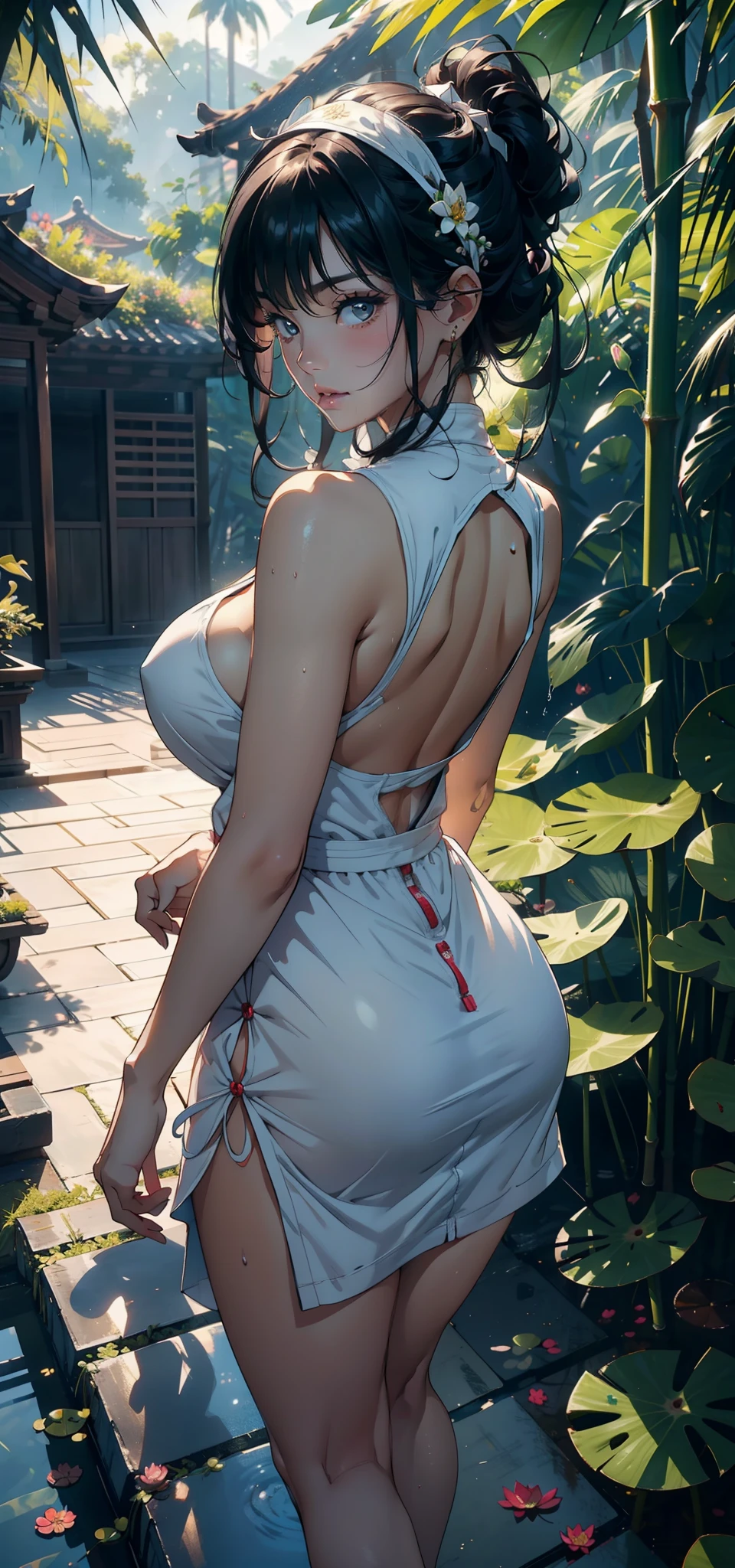1female，35yo，熟妇，long leges，Big breasts Thin waist，Slim，huge-breasted ，Pornographic exposure， 独奏，（Background with：bamboo forrest，lotuses，lotus flower，exteriors，Lotus pond） She has short black hair，standing on your feet，Sweat profusely，drenched all over the body，seen from the front， hair straight， mostly cloudy sky，（（（tmasterpiece），（Very detailed CG unity 8K wallpaper），best qualtiy，cinmatic lighting，detailed back ground，beatiful detailed eyes，Bright pupils，Black eyes，（Very fine and beautiful），（Beautiful and detailed eye description），ultra - detailed，tmasterpiece，）），facing at camera，A high resolution，ultra - detailed），revealing breasts，Bare genitalia，  Bulge，legs are open，Raised sexy，Camel toes，Flushed complexion，Open-mouthed，frontage，White floral headband，married woman（Wearing：Sexy Lulu loli dress，athletic sneakers）The camera looks from the bottom up