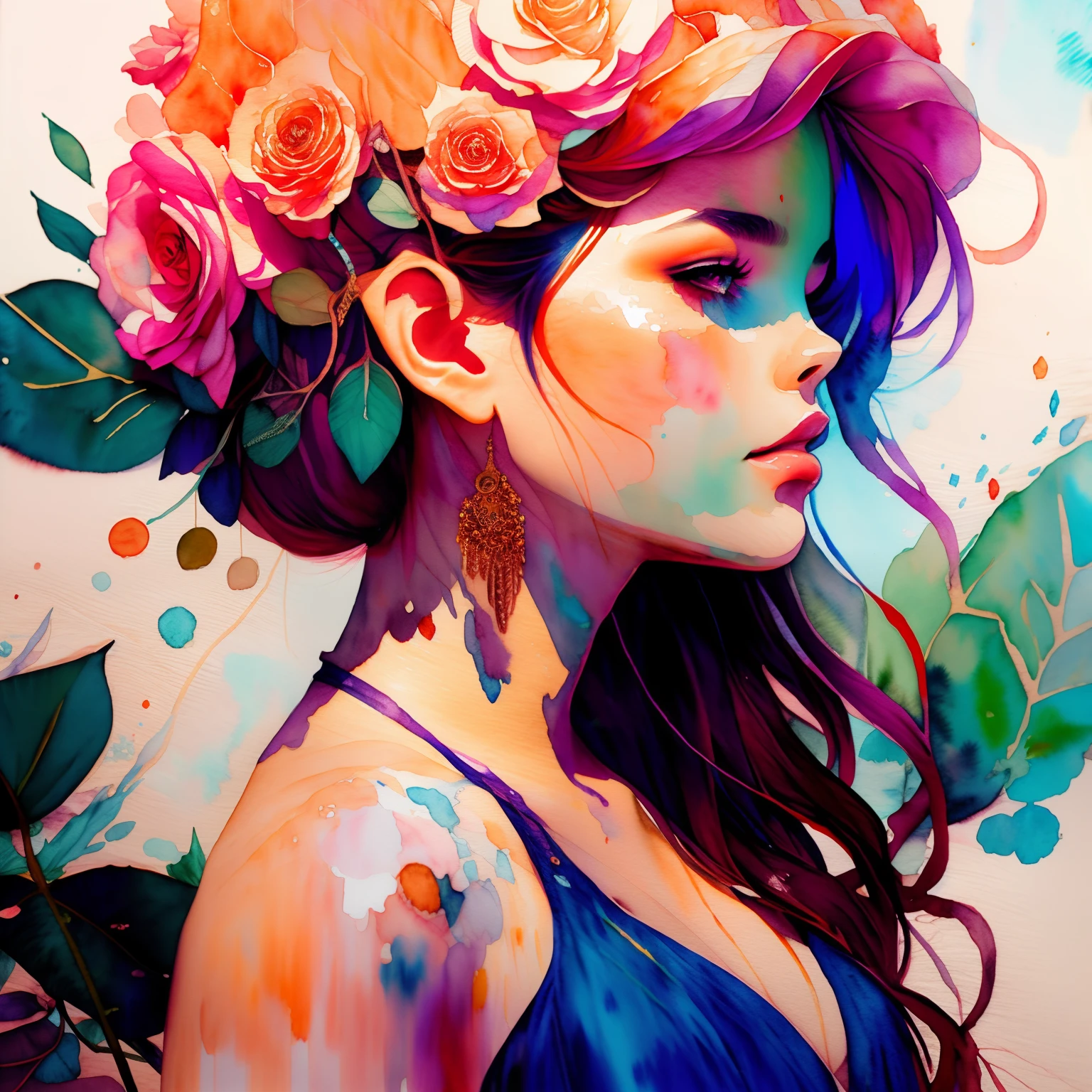 wtrcolor style, (rose) digital art, official art, blown by the wind, masterpiece, beautiful, ((watercolor)), paint splatter, intricate detail. Great detail, [dripping:0.7], Trending on Artstation, Rachel Walker
