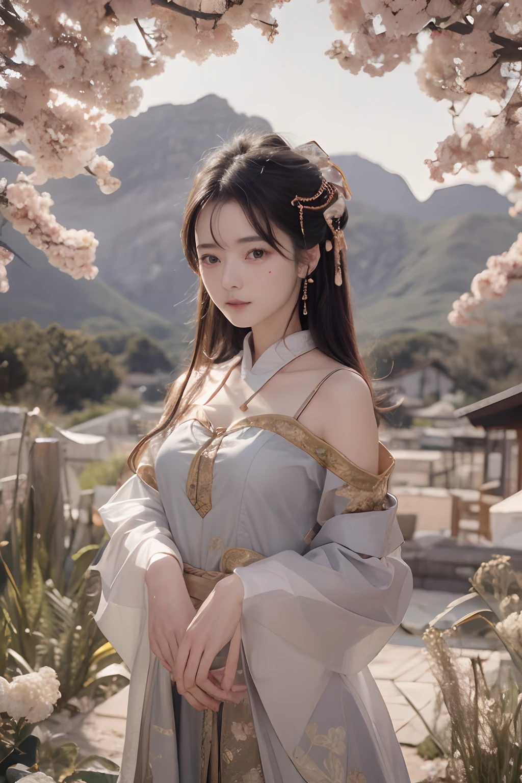 Works of masters,Higher quality,超高分辨率,8K分辨率,depth of fields,in a panoramic view,first person perspective,s the perfect face,Girl,solo person,ssmile,long whitr hair,A brown-haired,Wave head,Bracelet,Collar,bangle,Hanfu,frilld,lacing,Bare shoulders,fur shawl,Facing the viewer,eventide,setting sun,sea beach,ricefield,bamboo forrest,Temple,ukiyoe painting,Natural soft light