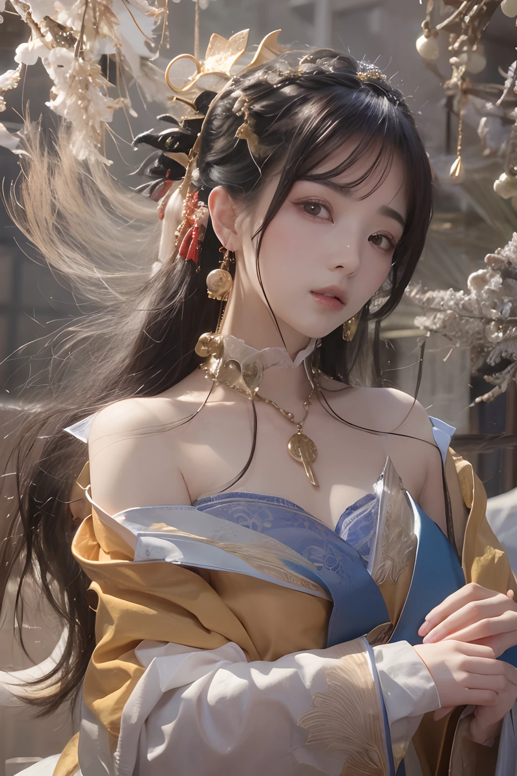 Works of masters,Higher quality,超高分辨率,8K分辨率,depth of fields,in a panoramic view,first person perspective,s the perfect face,Girl,solo person,ssmile,long whitr hair,A brown-haired,Wave head,Bracelet,Collar,bangle,Hanfu,frilld,lacing,Bare shoulders,fur shawl,Facing the viewer,eventide,setting sun,sea beach,ricefield,bamboo forrest,Temple,ukiyoe painting,Natural soft light
