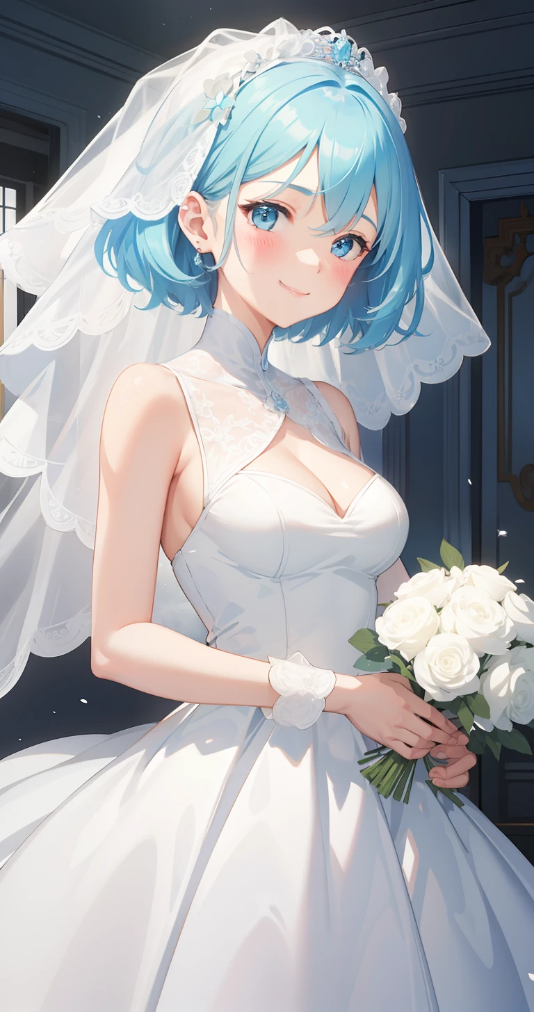 extra detailed face, Perfect Lighting, extremely details CG, 4K、8K、be shy、mournful smile、(Perfect hands, Perfect Anatomy)、Ultra-realistic photo of a girl in a beautiful white wedding dress, Big beautiful dress,all white wedding dress、Silk Veil、High quality white dress with the best ruffles, masutepiece, art stations, Fantasy Art:1.2),chies,chapel、Beautiful stained glass Beautiful white bouquet、Beautiful cute girl, Rem of Rezero、Height 150cm、(Blue shorthair:1.3), (Bangs hide one eye:1.4)、(intricate short white skirt, Bare legs:1.2, Full body shot)、very Bigger breasts、cleavage of the breast、Nipples show through、、No pubic hair(Clearly visible detailed female pubic shape: 1.4)、skirt rift、Thin leg、Skinny Legs、very very short skirt、Skirt、put on white opera gloves、sexy pose,
