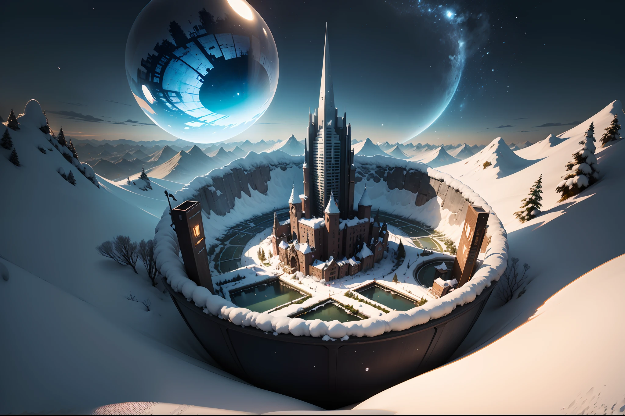 （globalillumination、radiography、hdr、The rendering is not realistic、reasonable design、high detal、in a panoramic view、best qualtiy、hyper HD），The world inside the droplet，A city on the top of a snow-capped mountain，Lonely Guardian
