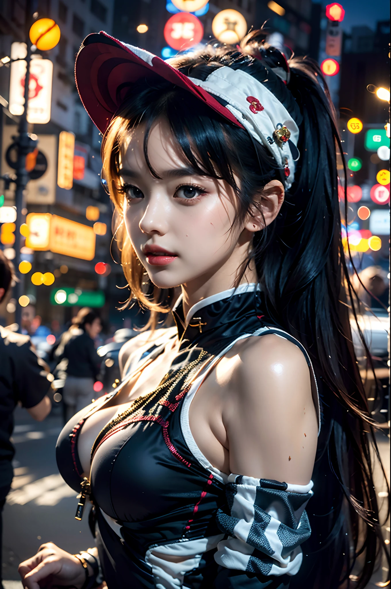 Super Resolution, (Realism: 1.3), 1 (Slim: 1.2), 1 Girl, Chinese_clothes, cyber-clothes, cyberpunk city, headwear, hair accessories, super detailed, beautiful studio soft light, dramatic lighting, vibrant details, luxurious cyberpunk, complex background, octane rendering, 8k, best quality, masterpiece, illustration, extremely refined and beautiful, very detailed, CG, wallpaper, (realistic, Photo Realism: 1.37), Amazing, Fine Detail, Masterpiece, Best Quality, Official Art, (Night: 1.5), Dark Theme, Dynamic Angles, Dynamic Pose, Cowboy Shot, 1 Girl, Solo, Detailed Face, Detailed Eyes, Looking at the Audience, Rouge\(Makeup\), Full Lips, Red Lips, Red Eyes, (Long Hair: 1.3), Upper Body, (Standing), (Cyberhanfu:1.2), Cheongsam, Futobot, Robot, Chinatown, Street, Empty, Cyberpunk, Paper lanterns, neon lights