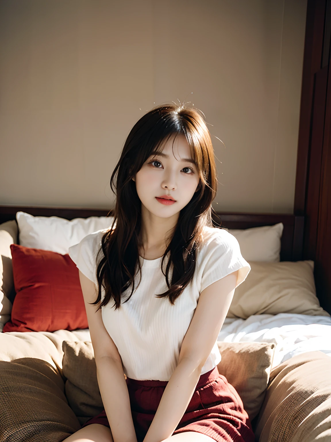 arafed asian woman sitting on a couch in a room, beautiful young korean woman, korean girl, sitting on the sofa, sitting on the bed, gorgeous young korean woman, sitting on a bed, beautiful south korean woman, taken with canon eos 5 d, korean woman, posing in a bedroom, sitting in bedroom, on a couch