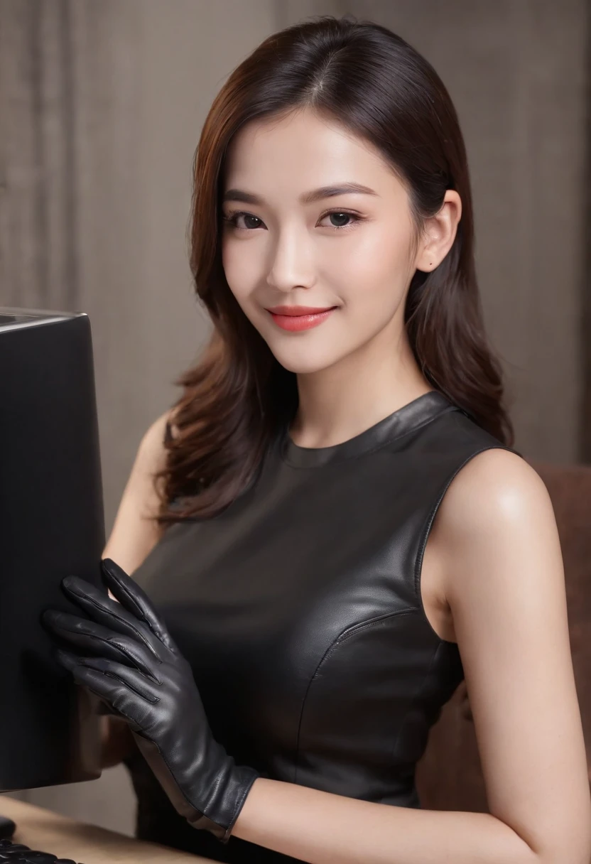 Wearing black leather gloves on both hands, Upper body, Black business suit, Facing the desk in my room with a computer in the dark, Smiling and looking at the screen, Operating the computer with the fingertips of black leather gloves, Black hair was tied back for a long time, Japan female new employee who is still young and very cute (Black leather gloves cover both hands)Gentle smile looking at the camera