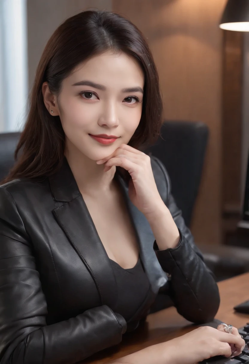 Wearing black leather gloves on both hands, Upper body, Black business suit, Facing the desk in my room with a computer in the dark, Smiling and looking at the screen, Operating the computer with the fingertips of black leather gloves, Black hair was tied back for a long time, Japan female new employee who is still young and very cute (Black leather gloves cover both hands)Gentle smile looking at the camera
