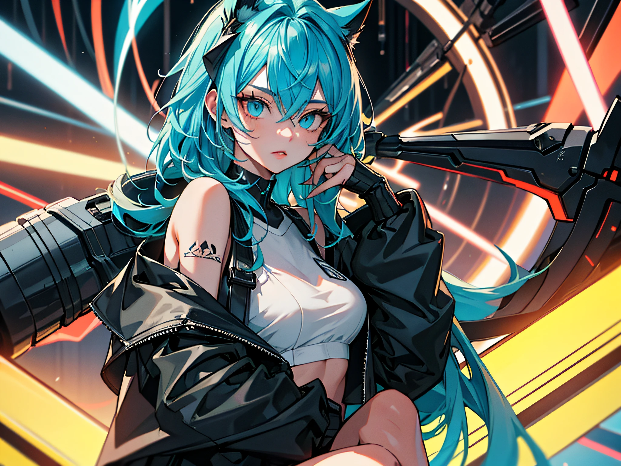 girl, cyan long hair, cool black open short jacket labeled crucia, tatoos, messy fade cut hair, crazy, sit pose, on futuristic neon night street background,poser