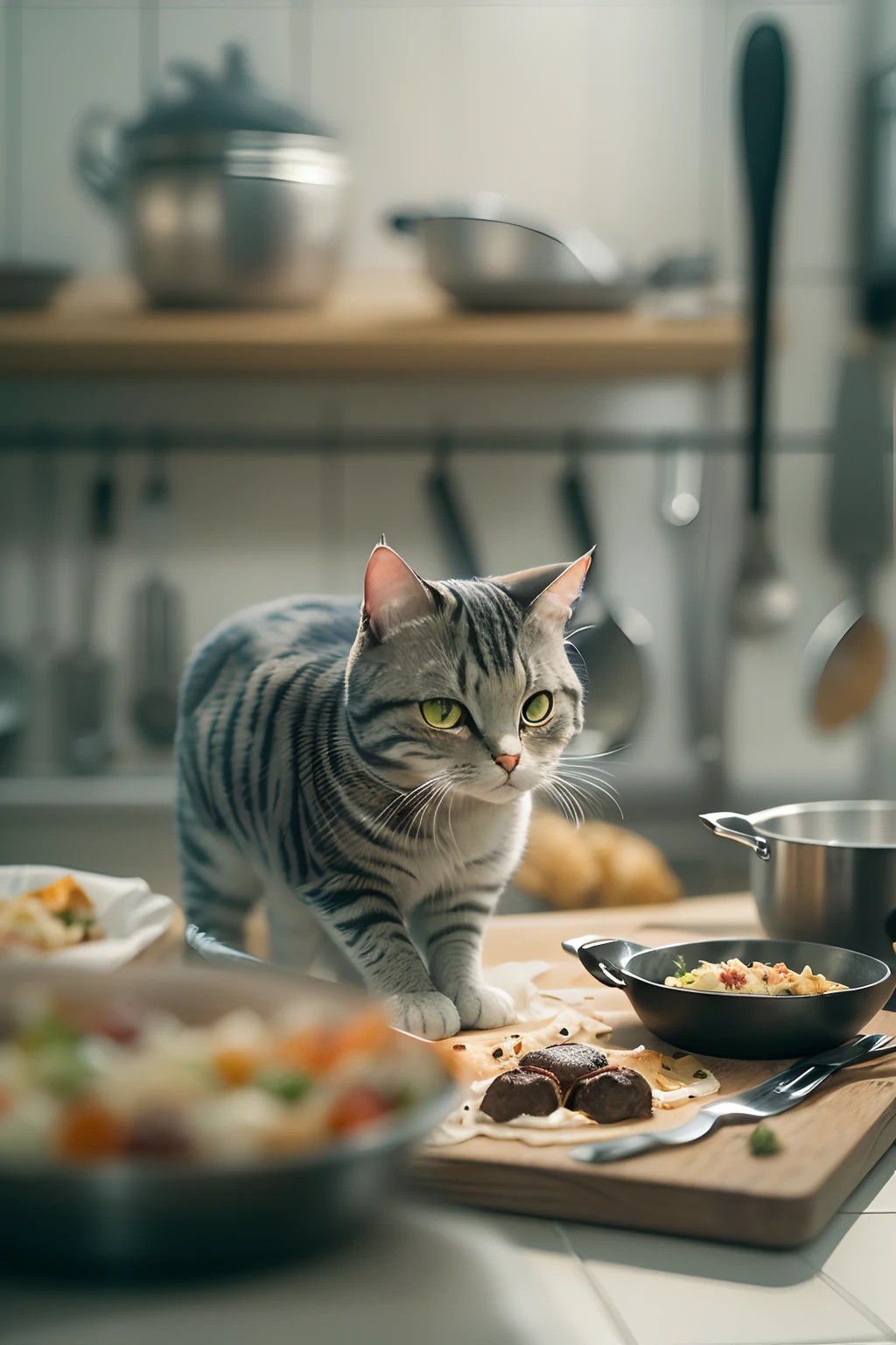 fotografia em close-up de (Gray tabby cat is preparing food on the table:1.2), (c4ttitude:1.3), na cozinha glasstech, detalhes hiper realistas e intrincados, (nebuloso:1.1), pov de baixo
