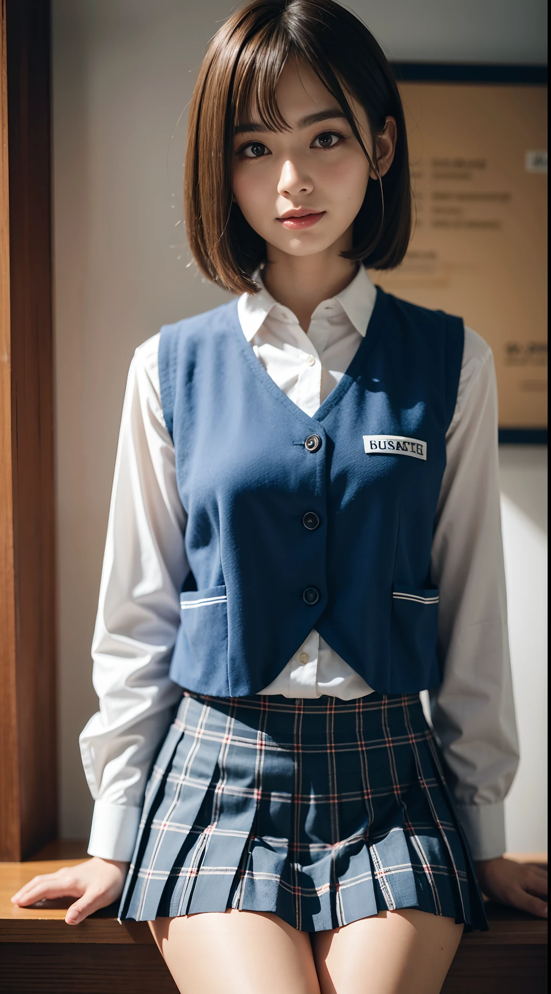 (((medium hair))), best quality, 8K, HDR, highres, absurdres:1.2, blurry background, bokeh:1.2, Photography, (RAW photo:1.2), (photorealistic:1.4), (masterpiece:1.3), (intricate details:1.2), 1girl, solo, japanese girl, delicate, beautiful detailed, (detailed eyes), (detailed facial features), petite, (((small breasts))), skin tight, (looking_at_viewer), from_front, (skinny), (best quality:1.4), (ultra highres:1.2), cinema light, (extreme detailed illustration), (lipgloss, best quality, ultra highres, depth of field, caustics, Broad lighting, natural shading, 85mm, f/1.4, ISO 200, 1/160s:0.75),1girl, solo, (((blue vest))) smile, ((school uniform, pleated skirt with checker pattern, classroom))